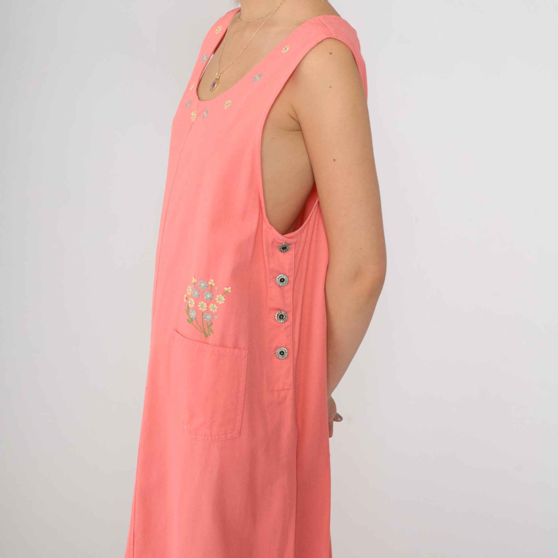 90s Pink Floral Embroidered Cotton Maxi Dress Sleeveless Large L