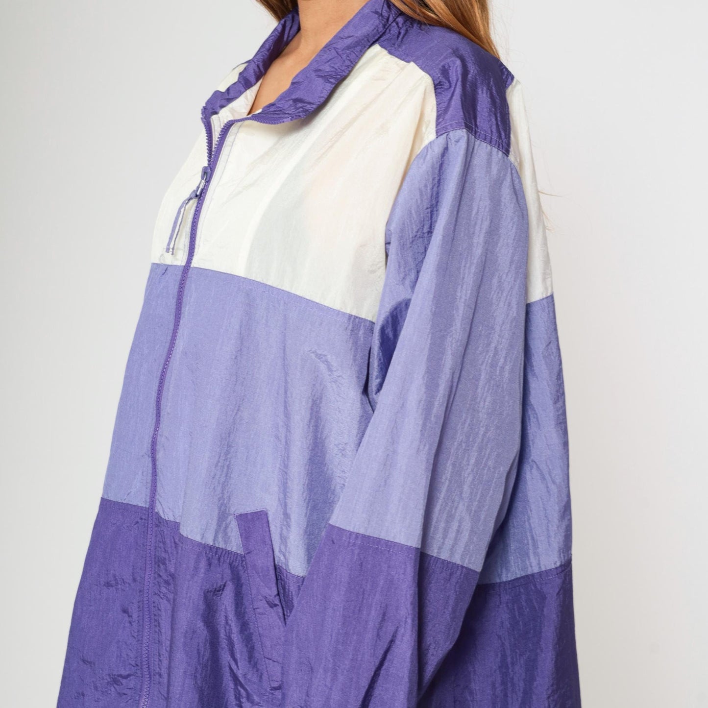 90s Purple White Colour Block Windbreaker Jacket Nylon Zip Plus Size XXL