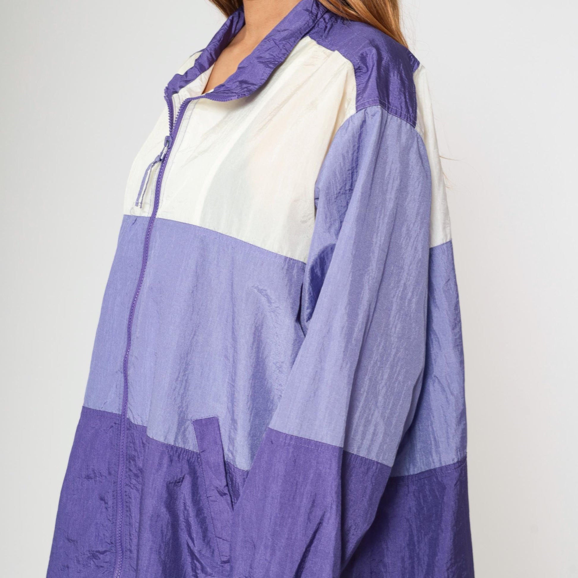 90s Purple White Colour Block Windbreaker Jacket Nylon Zip Plus Size XXL