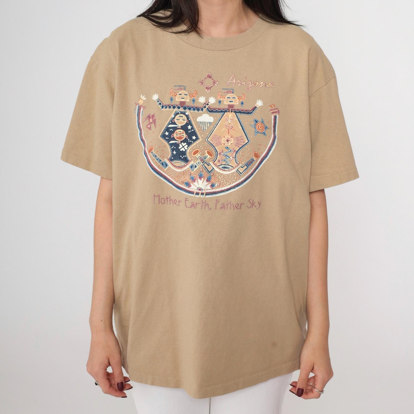 90s Arizona Native American Mother Earth Father Sky Graphic Tee Beige Cotton Large