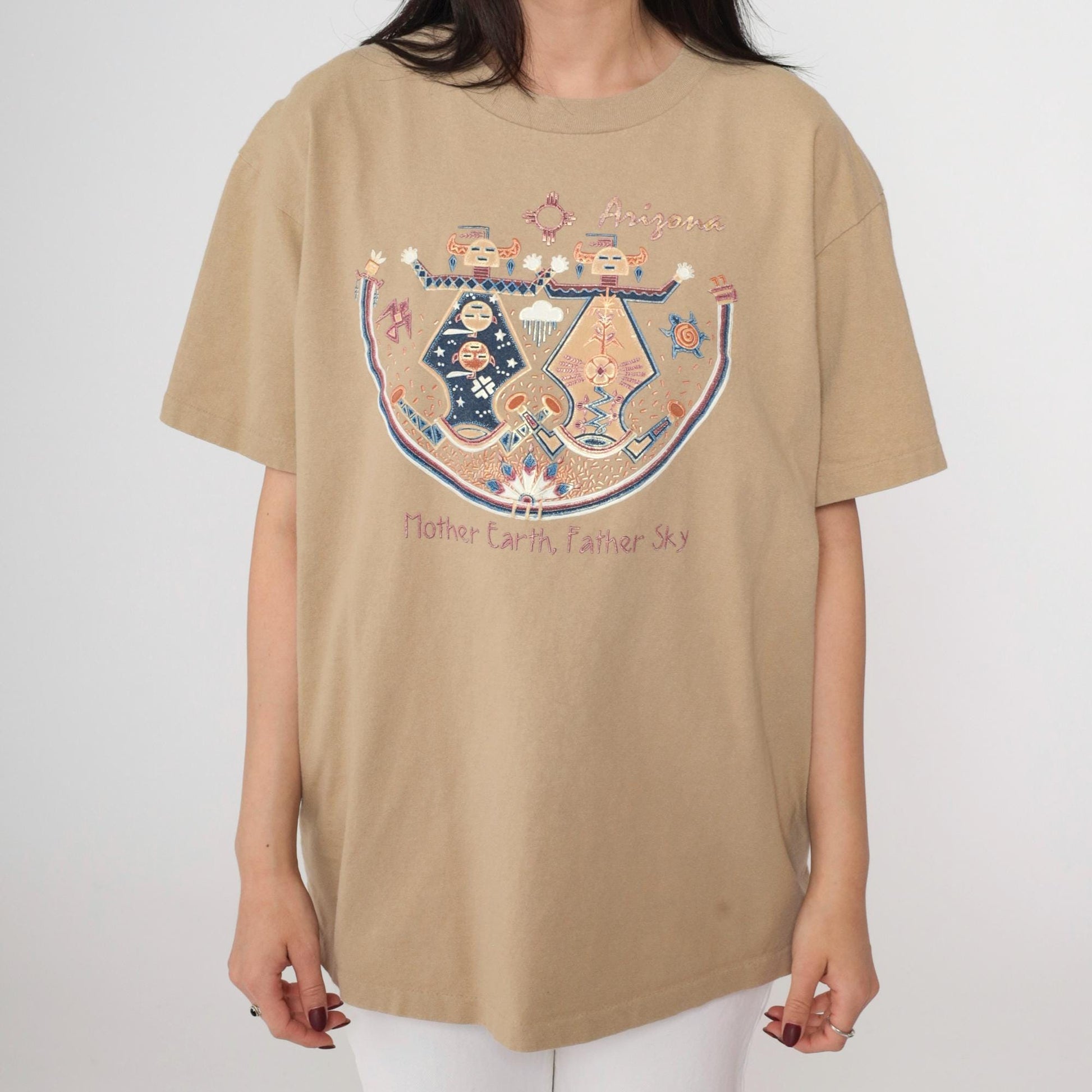 90s Arizona Native American Mother Earth Father Sky Graphic Tee Beige Cotton Large