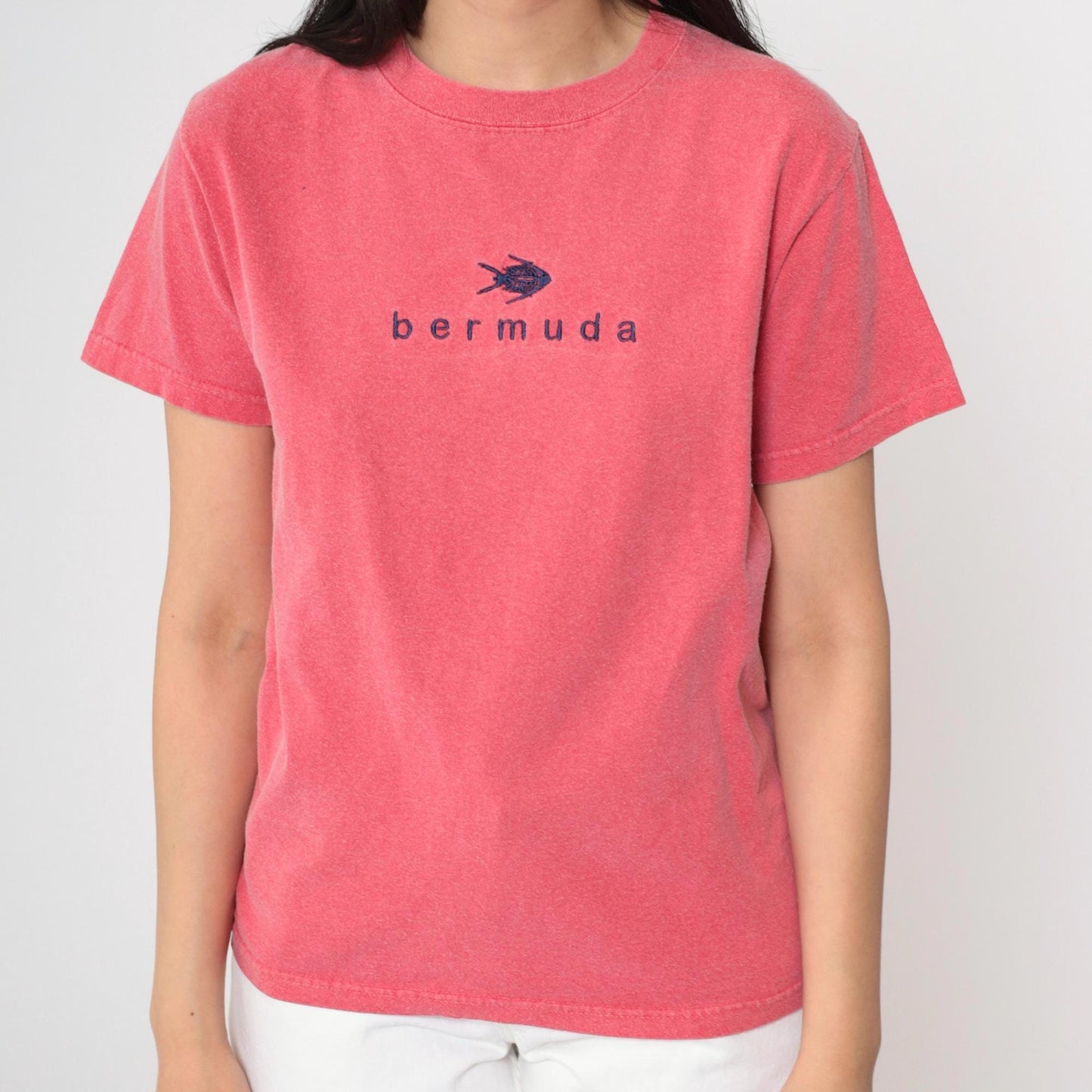 90s Bermuda Island Fish Embroidered T-Shirt Pink Cotton Small S