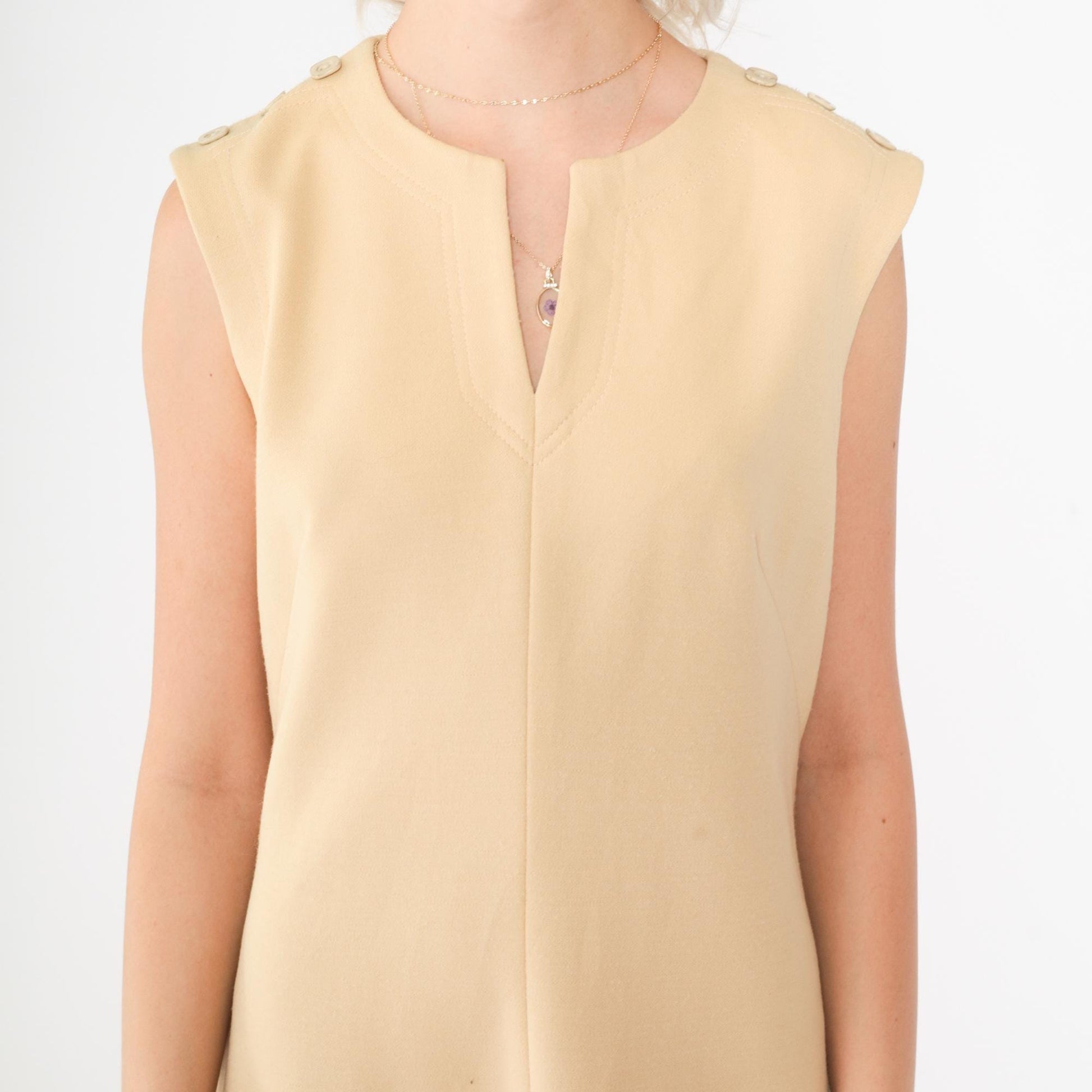 60s Mod Beige Shift Mini Dress Sleeveless Knit Button Shoulder Medium