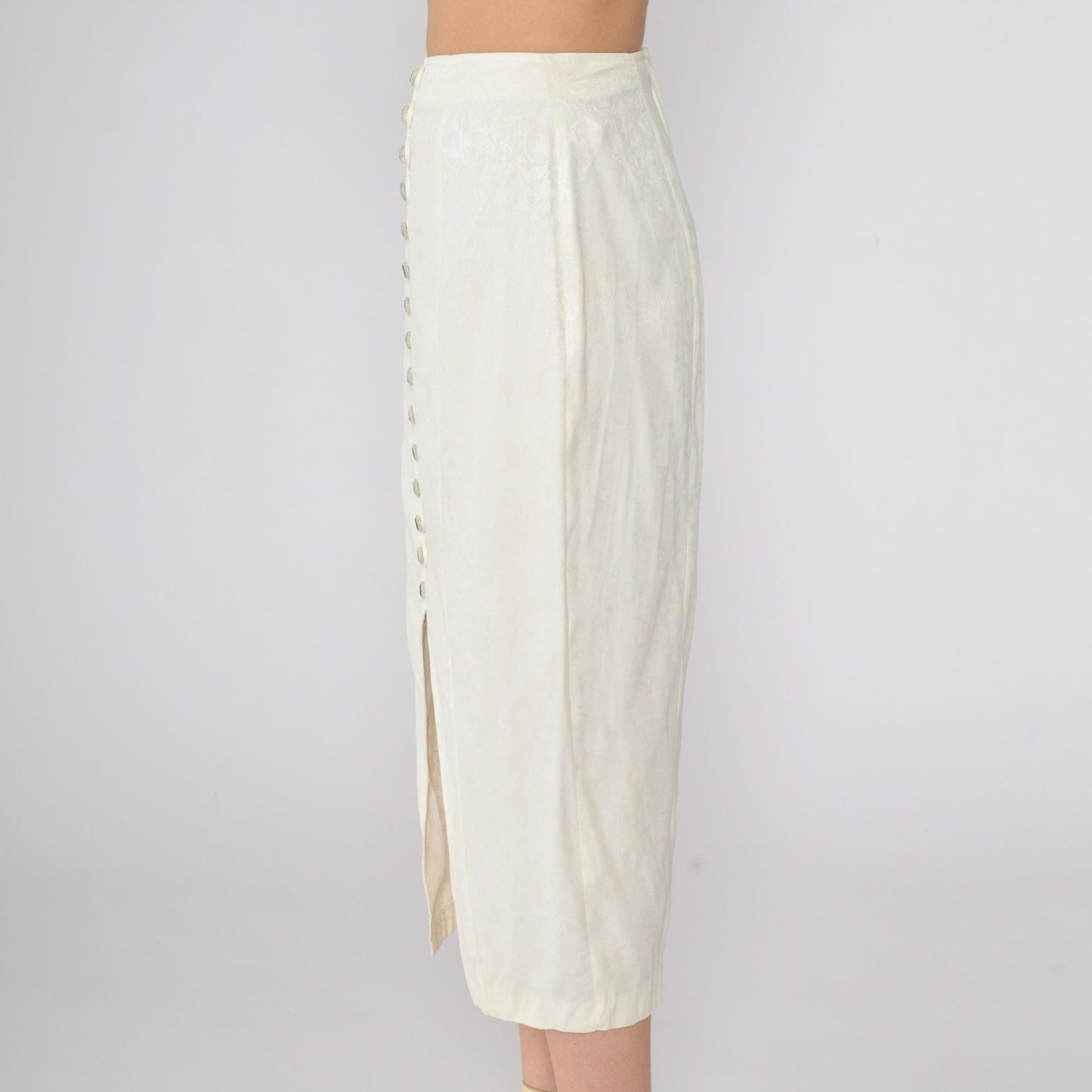 90s La Belle Cream Floral Button-Up Midi Skirt Embossed Small
