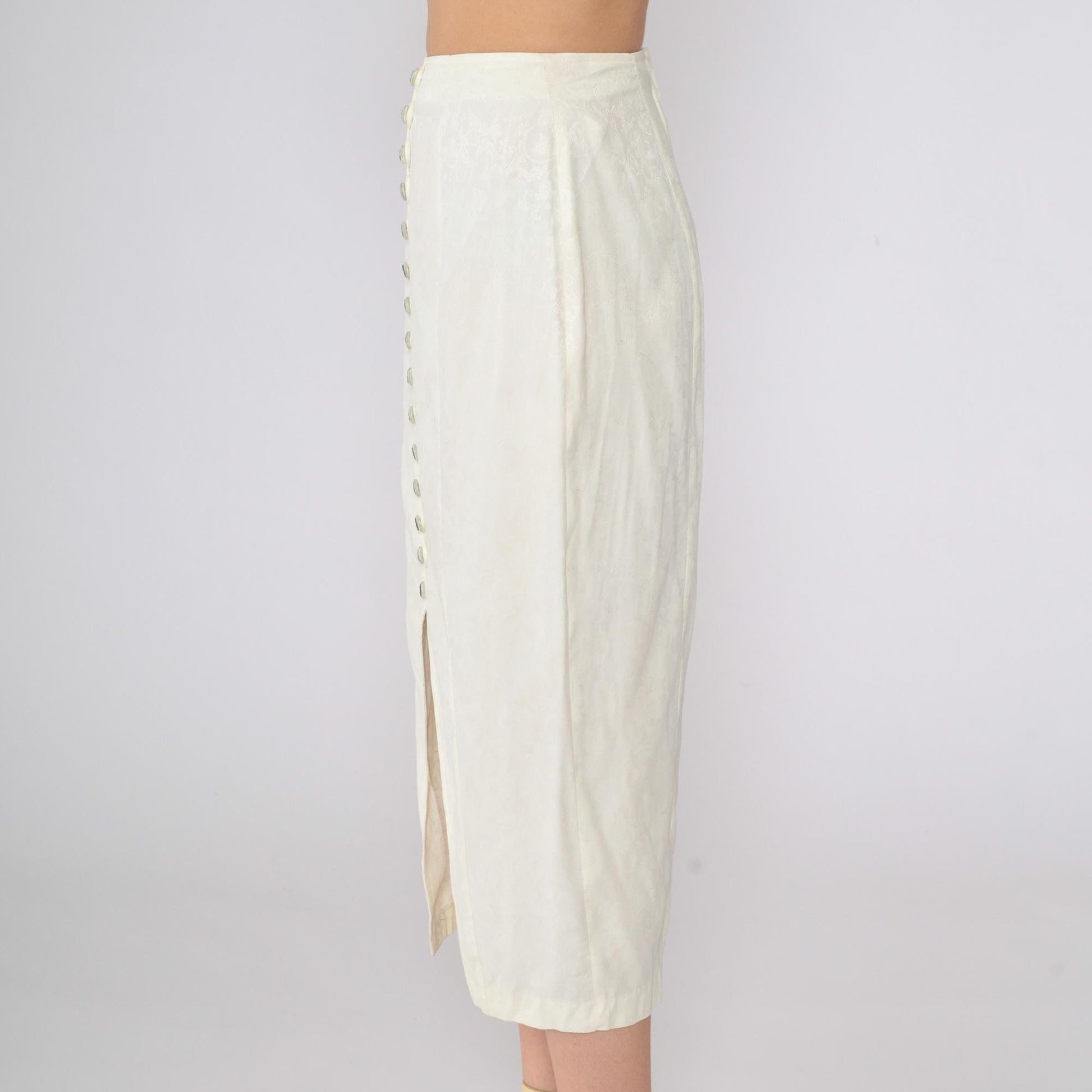90s La Belle Cream Floral Button-Up Midi Skirt Embossed Small