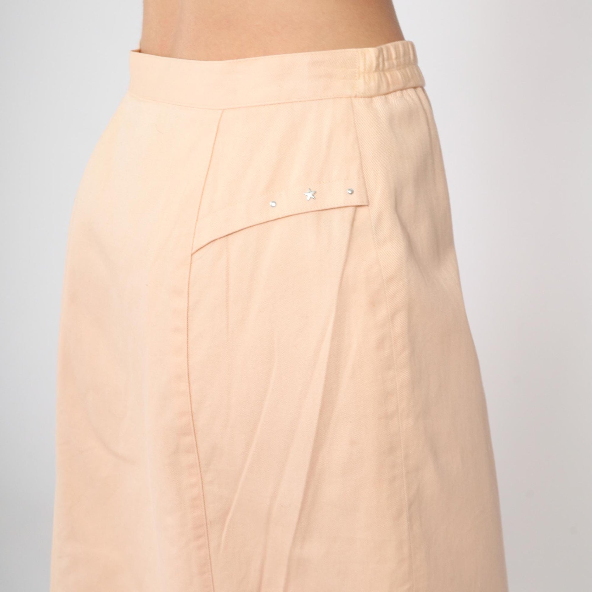 80s Peach Snap-Front Midi Skirt Studded Sides High Waist Medium