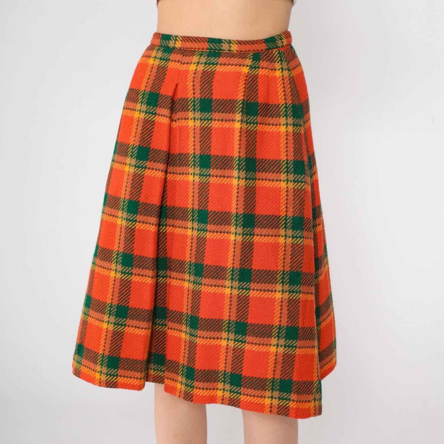 70s Plaid Wool Midi Skirt High Waisted Pleated Tartan Small