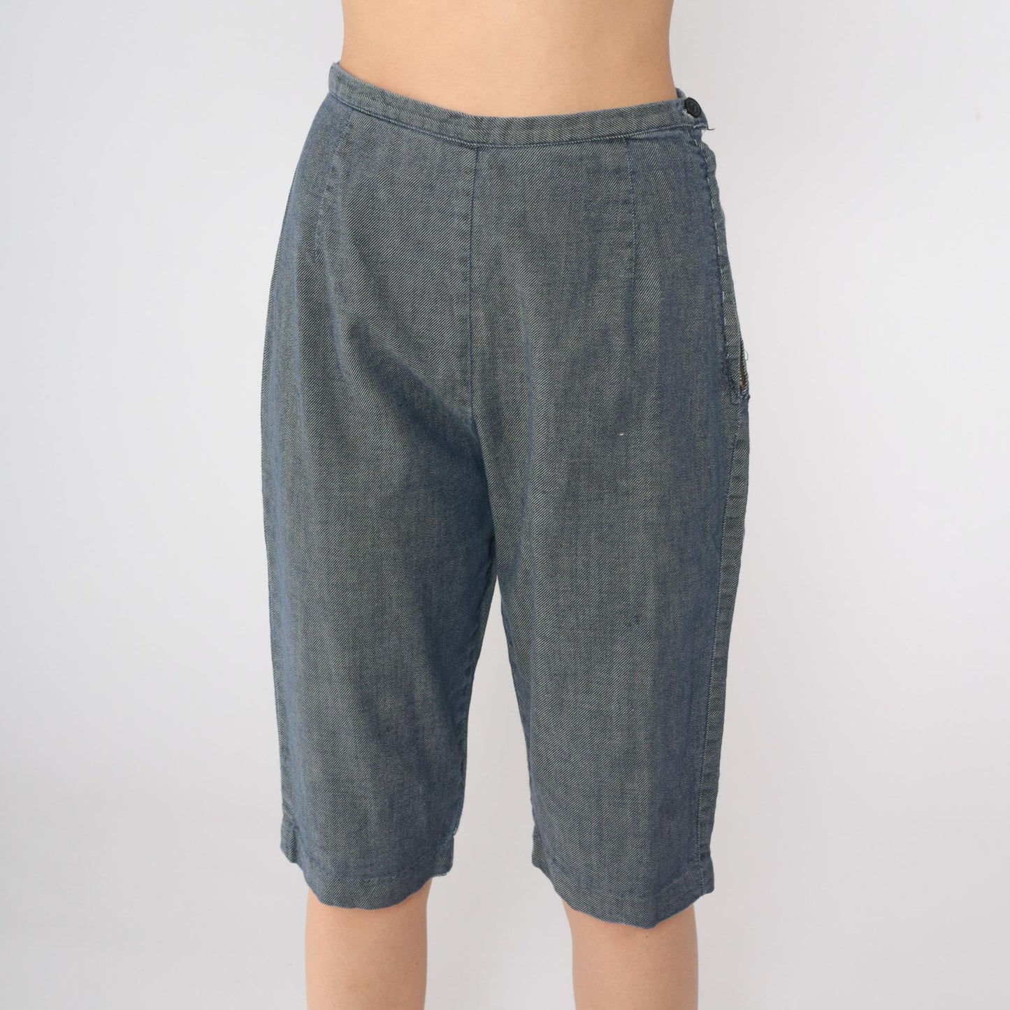60s Blue Chambray Capri Pants High Waist Side Zipper Knee Length Small