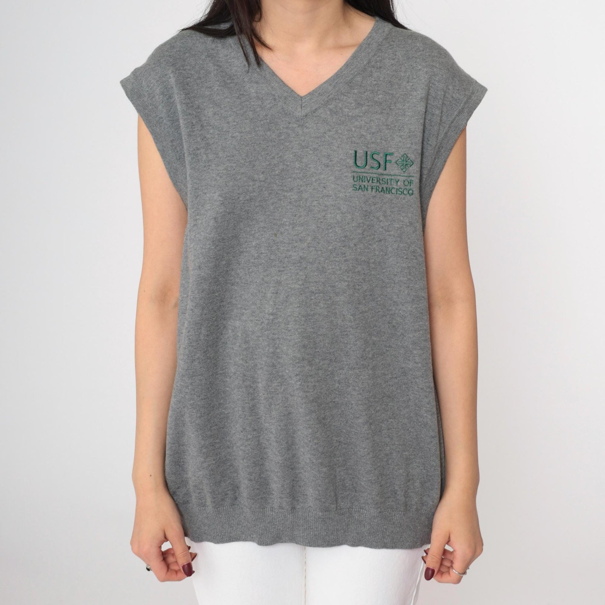 00s USF University of San Francisco Grey Knit Vest Pullover Large L