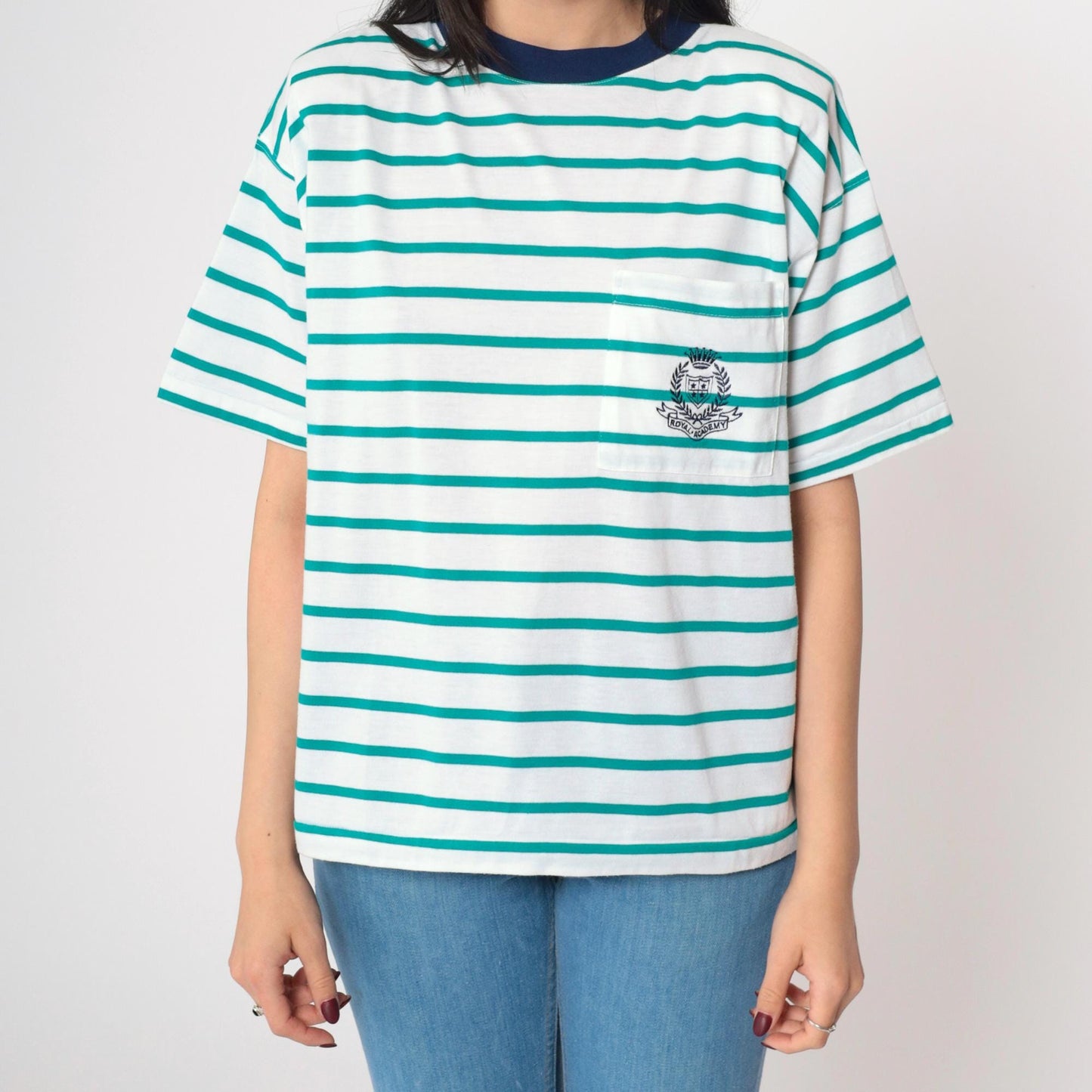 90s Royal Academy Crest Striped T-Shirt Green White Ringer Tee Medium