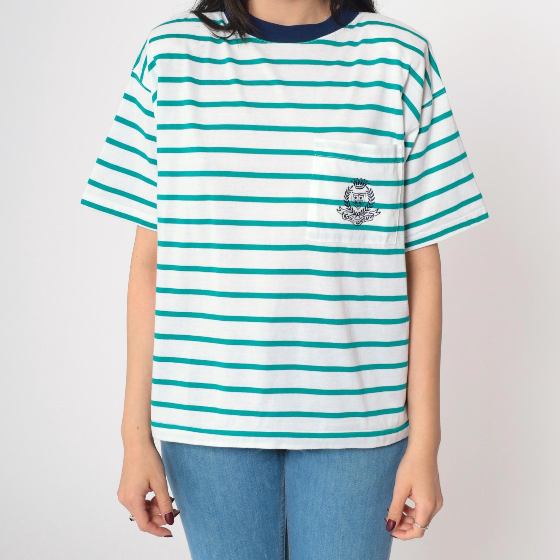 90s Royal Academy Crest Striped T-Shirt Green White Ringer Tee Medium