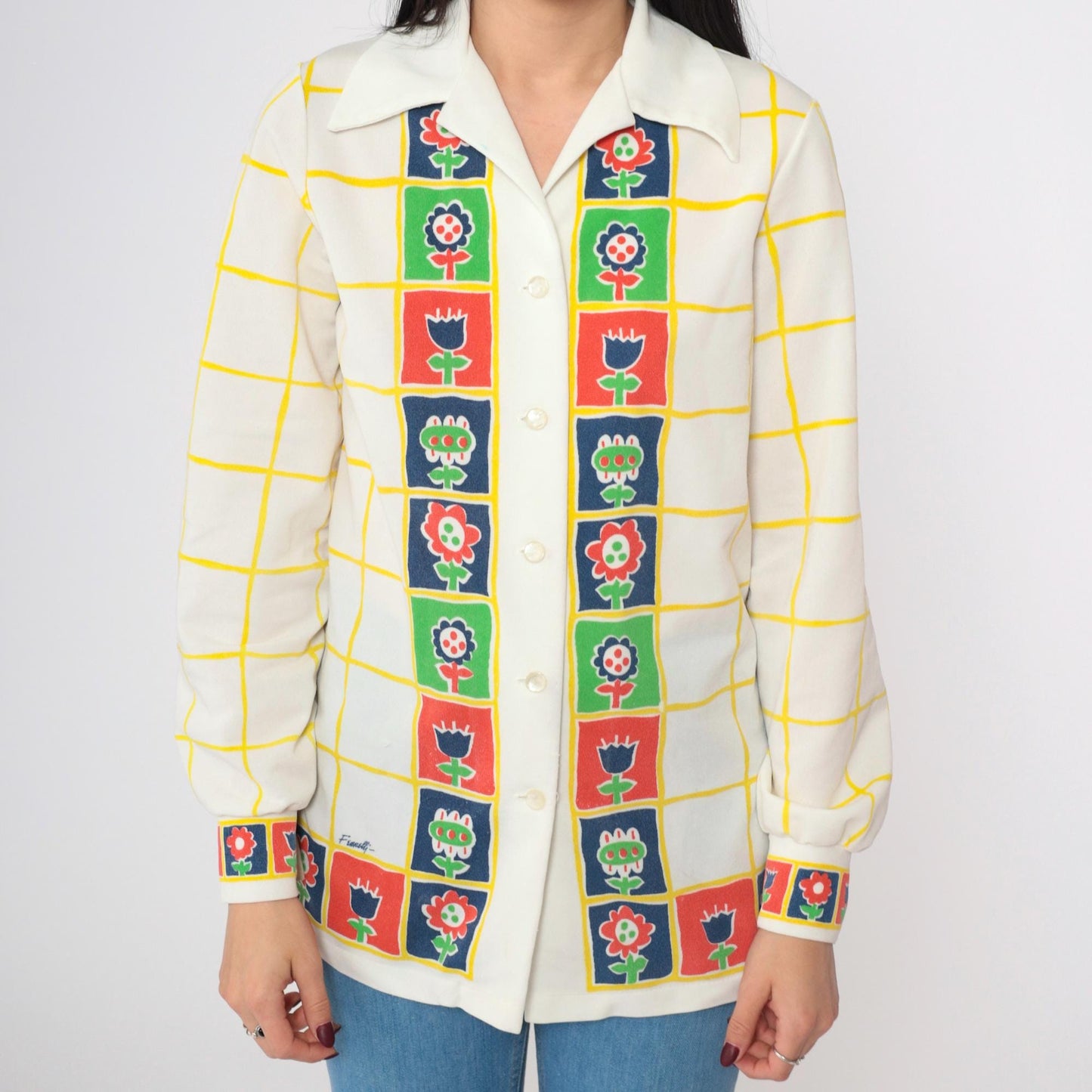 70s Floral Checkered Button-Up Blouse Dagger Collar Long Sleeve White Small