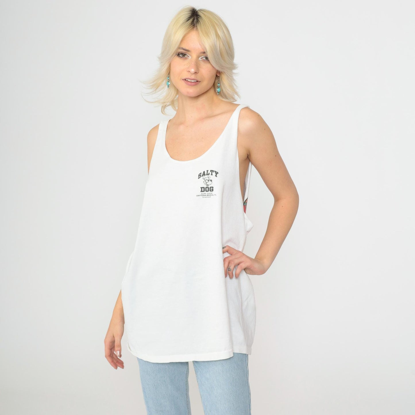 90s Salty Dog Surf Shop Tank Top Daytona Beach Florida Graphic White Extra Large XL