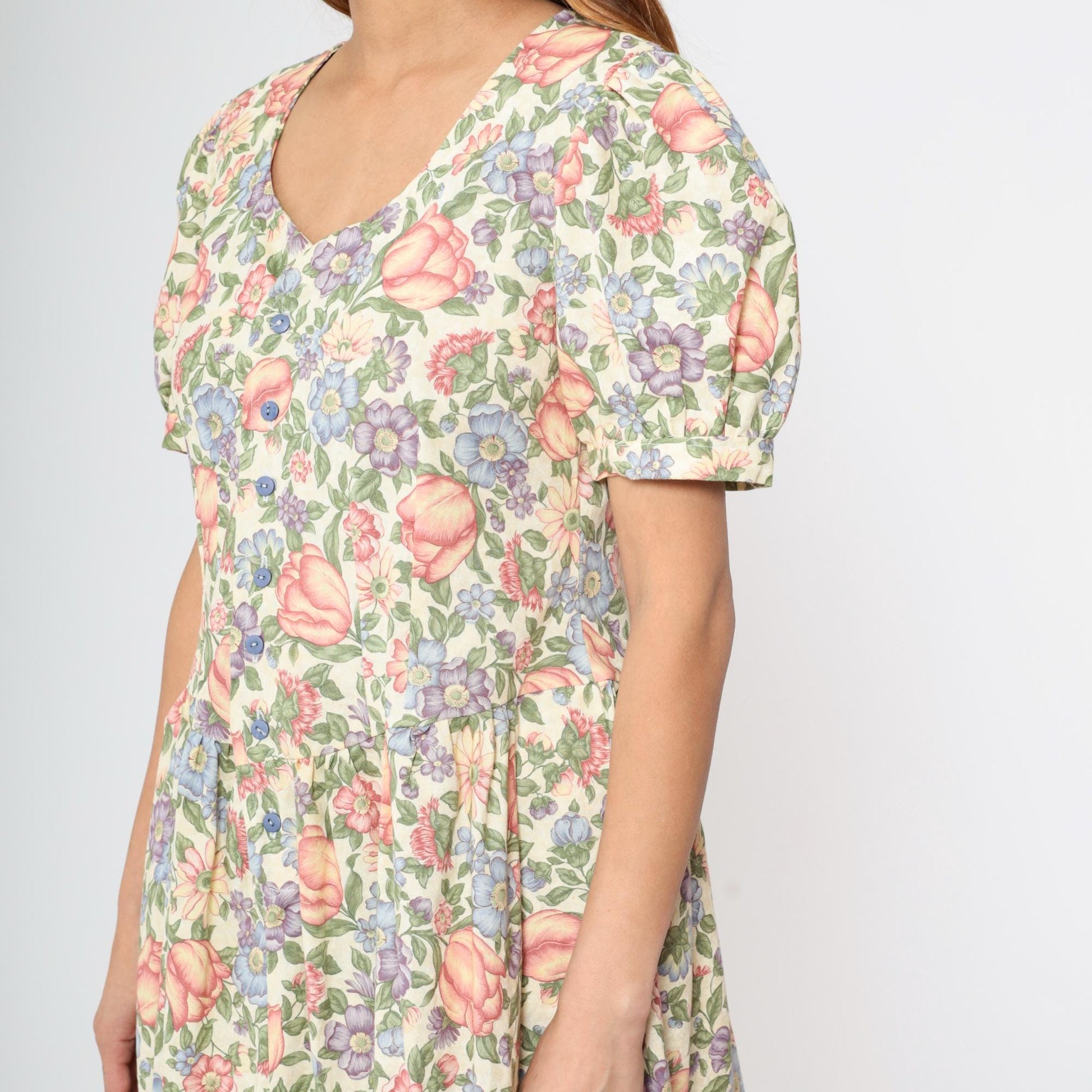 80s Floral Midi Dress Puff Sleeve Button-Up Cream Small Medium