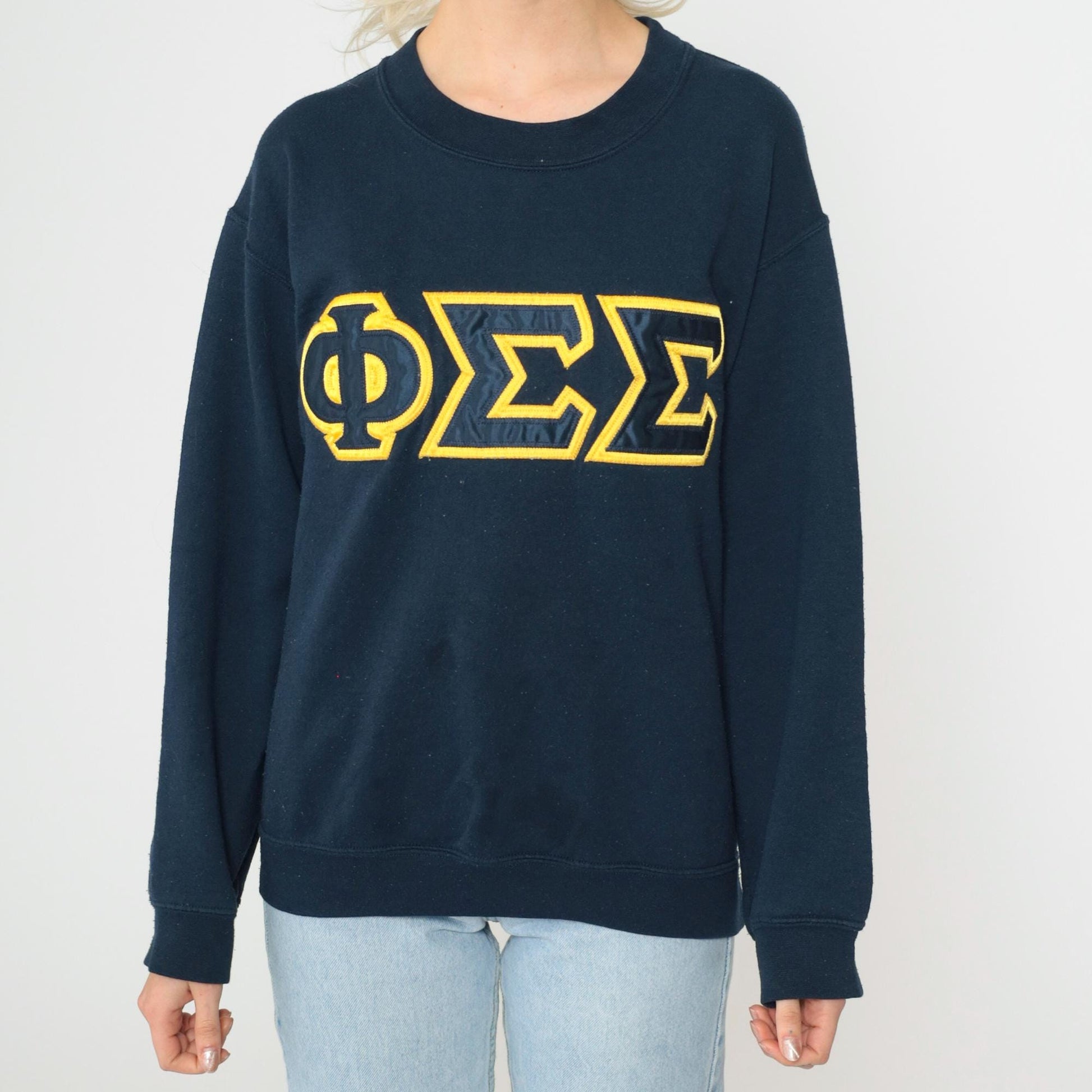 90s Phi Sigma Sigma Sorority Sweatshirt Navy Gold Greek Letters Small