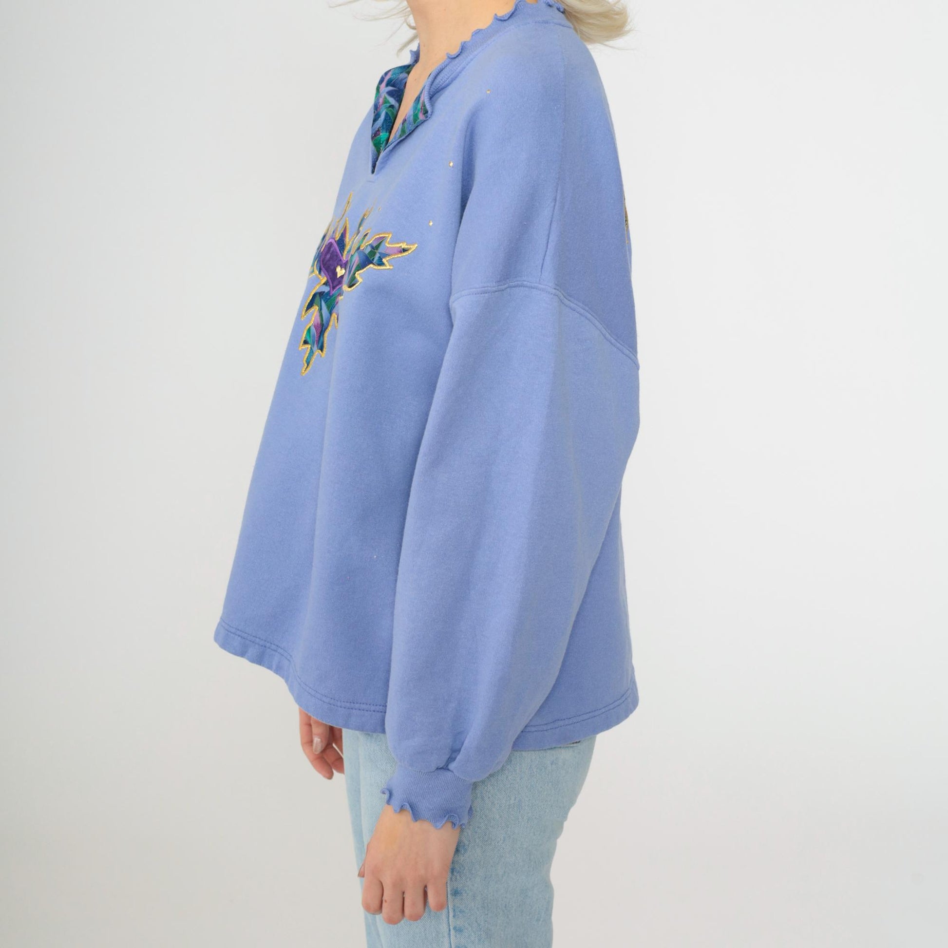 90s Jerzees Heart Leaf Studded Sweatshirt Lavender V-Neck Extra Large XXL