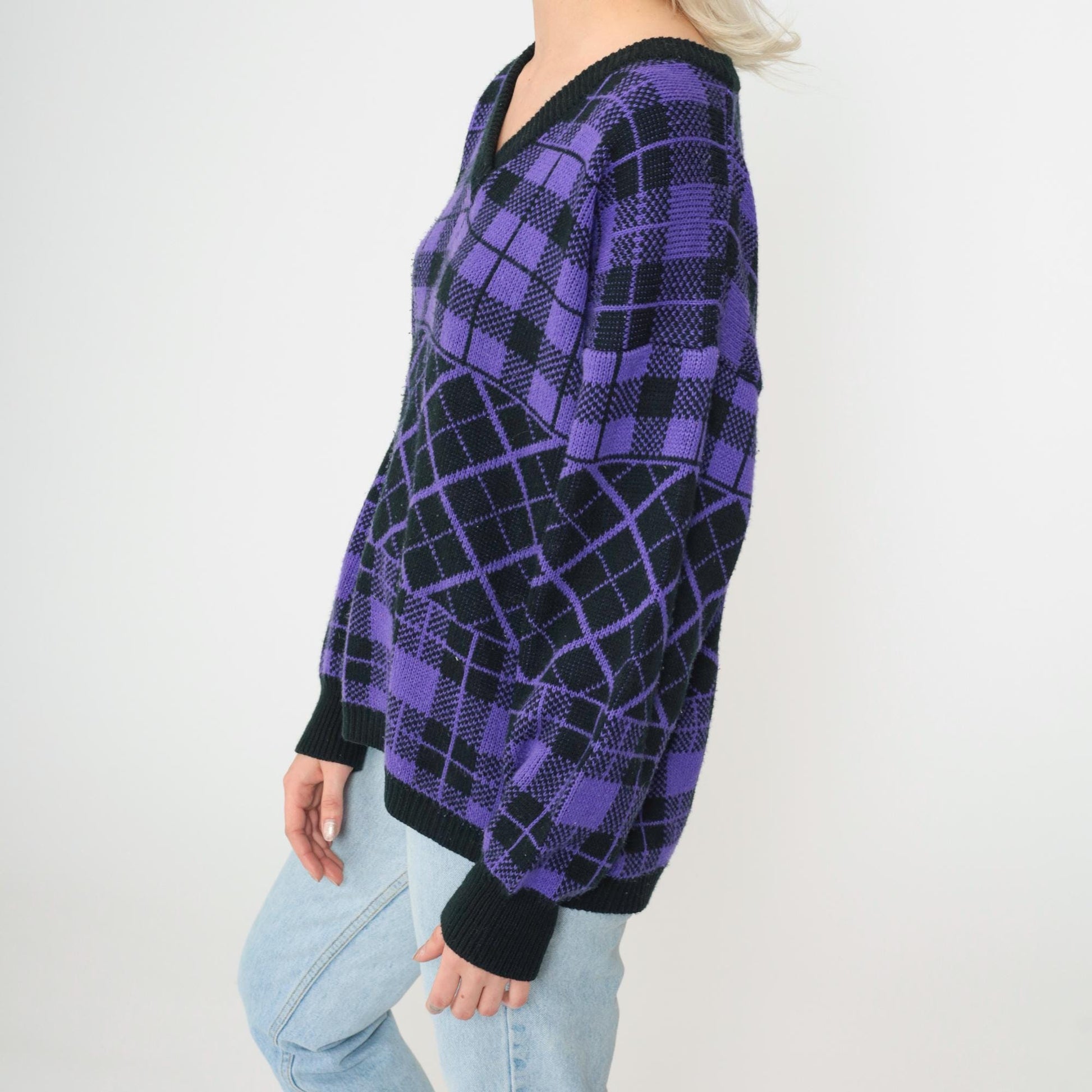 90s Purple Black Checkered Sweater V Neck Knit Pullover Plus Size XXL