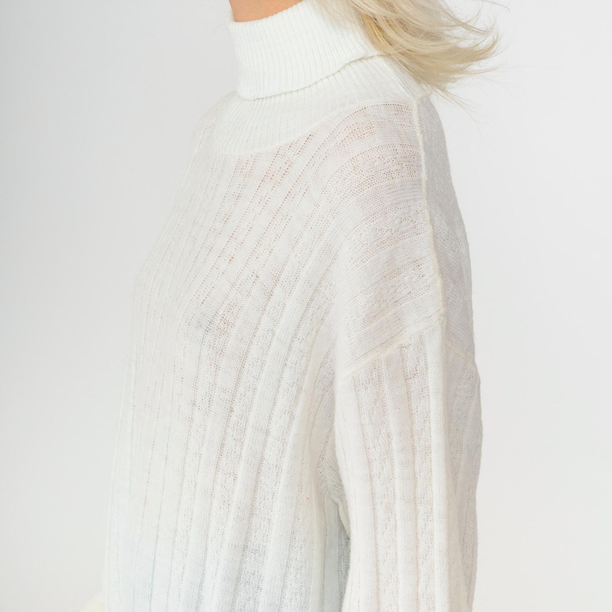 80s White Cable Knit Turtleneck Sweater Pullover Extra Large Long