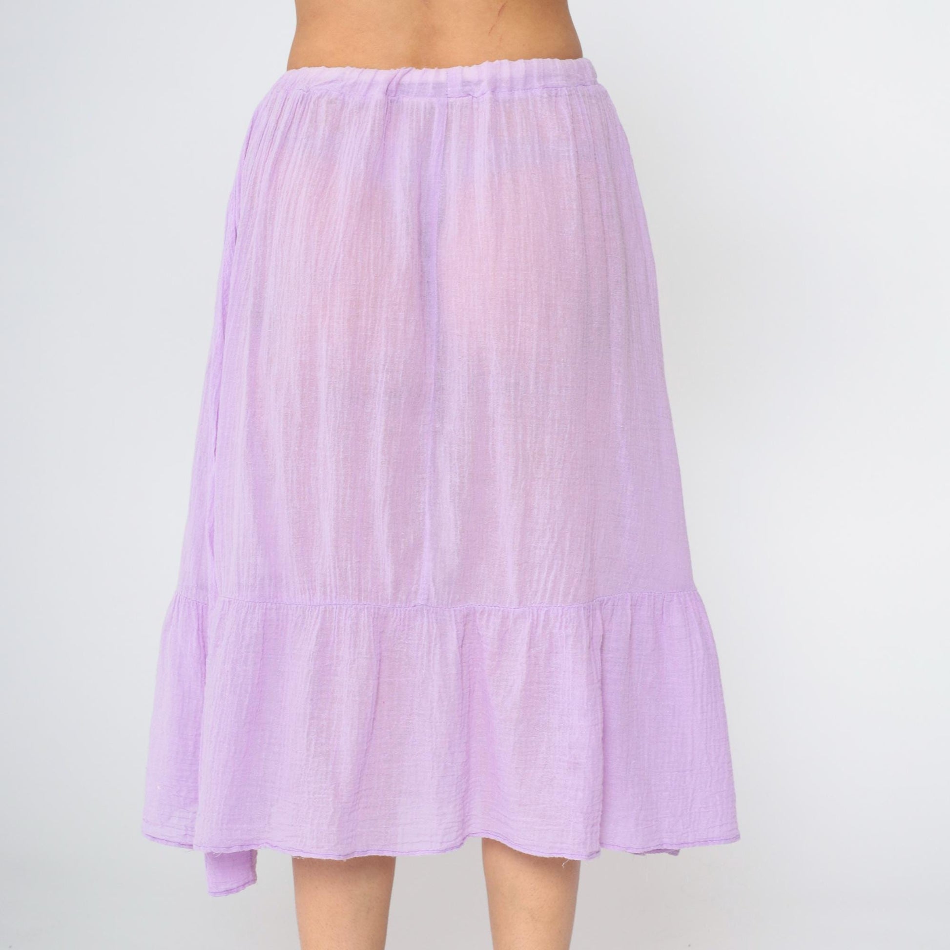 70s Lavender Gauze Peasant Skirt High Waist Flounce Midi Cotton Medium