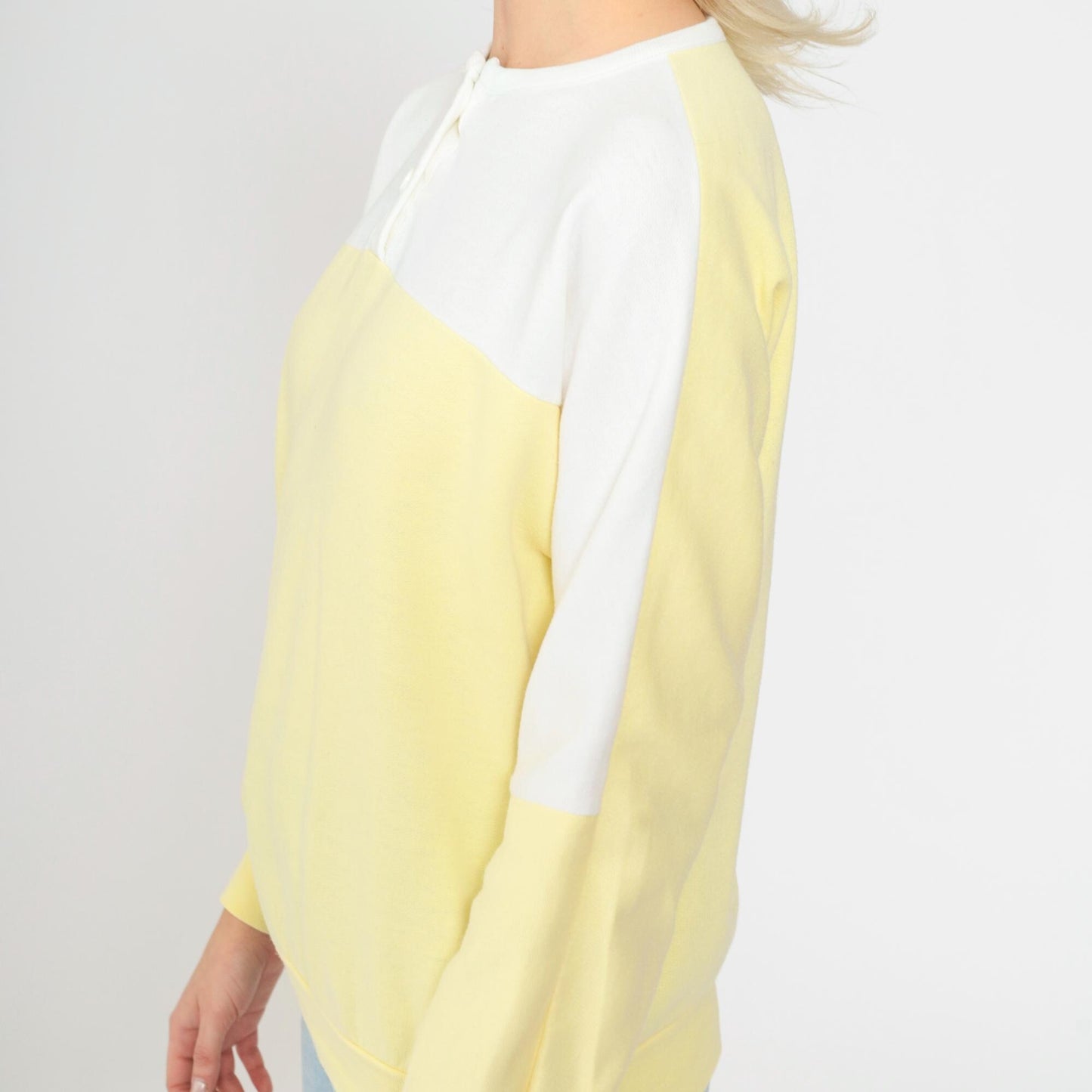 80s Yellow & White Henley Sweatshirt Color Block Slouchy Large