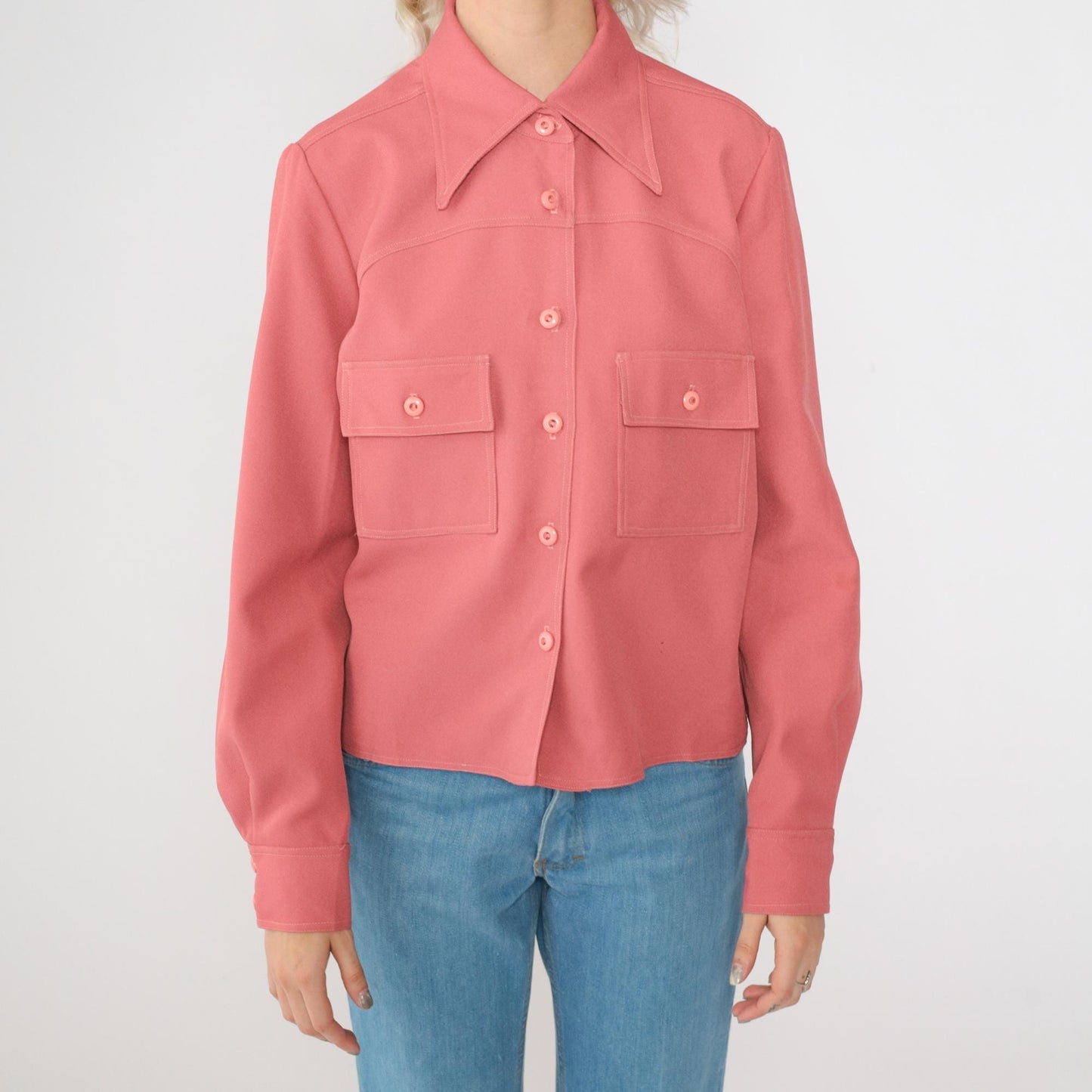 70s Pink Dagger Collar Button-Up Blouse Long Sleeve Chest Pocket Medium