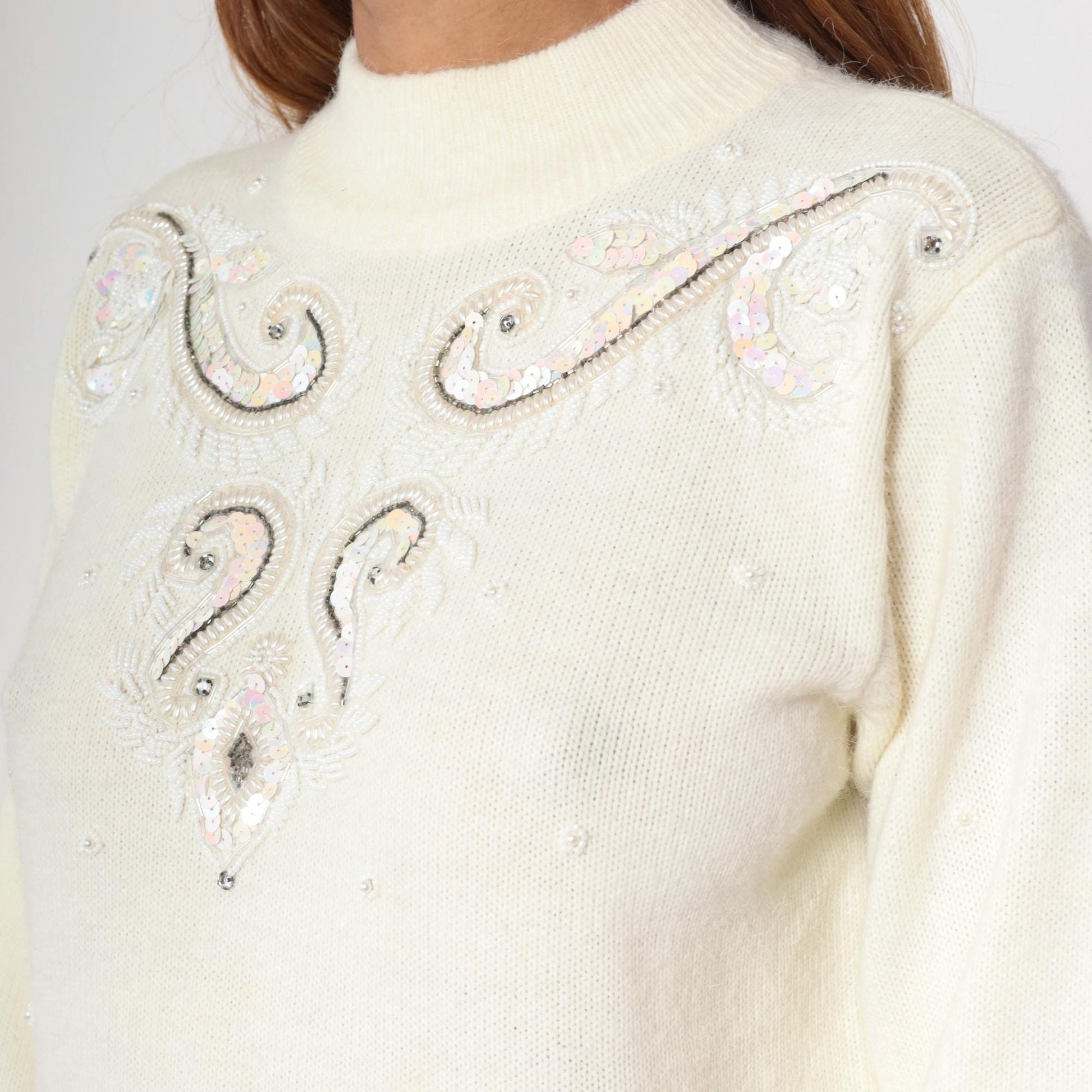 90s Alfred Dunner Sequin Beaded Sweater Cream Geometric Mock Neck Medium