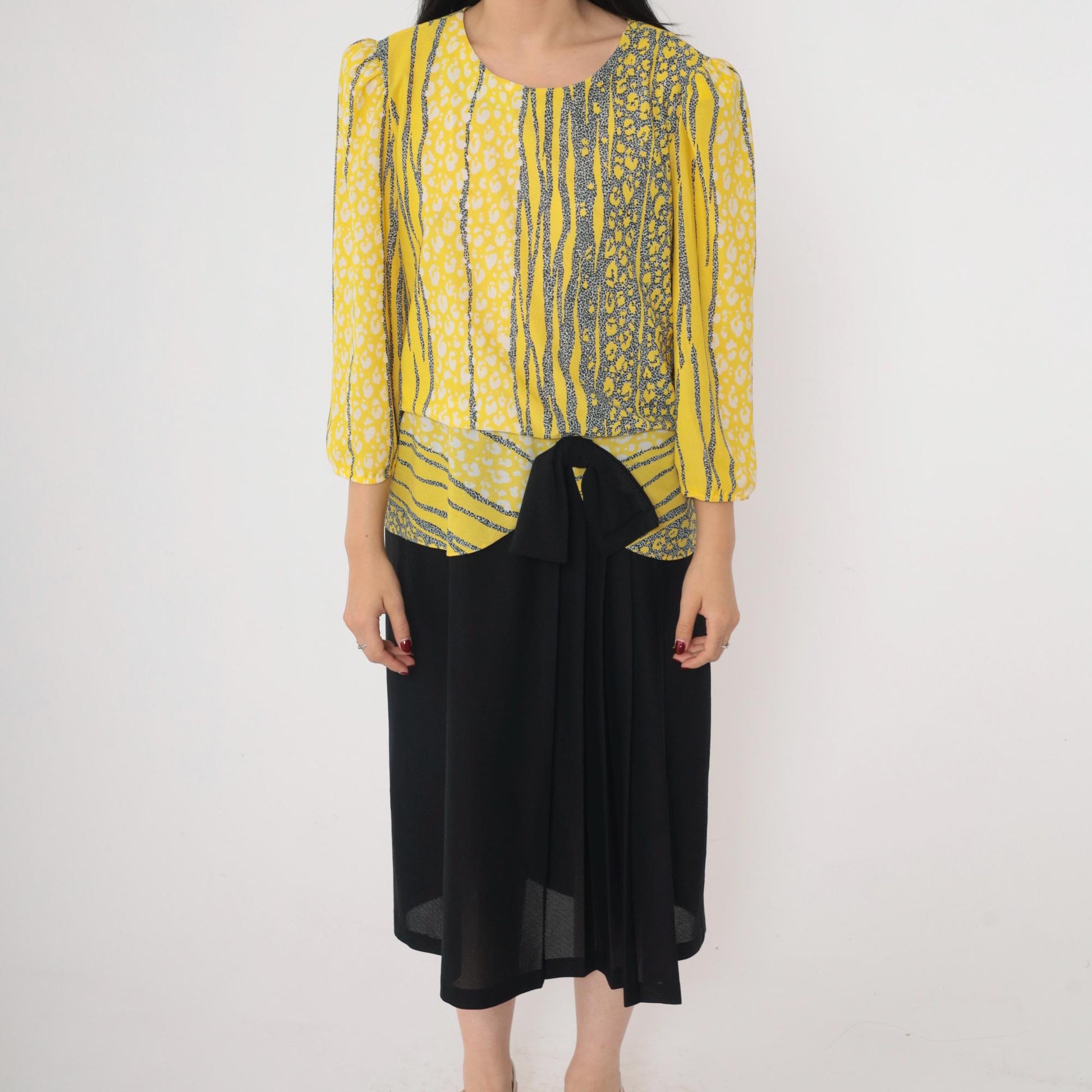 80s Yellow Leopard Striped Midi Dress Puff Sleeve Peplum Bow Drop Waist Large