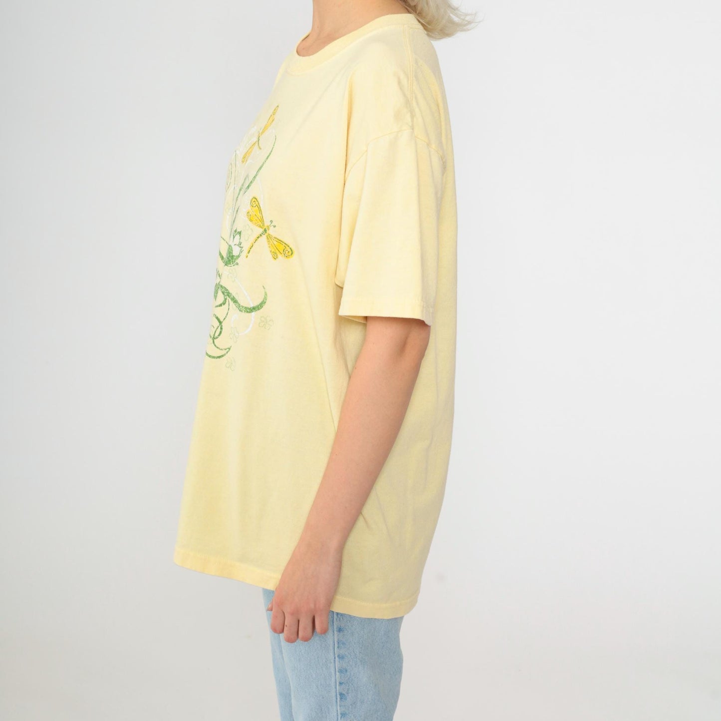 Y2K Dragonfly Floral Graphic Tee Yellow Short Sleeve Crewneck Medium
