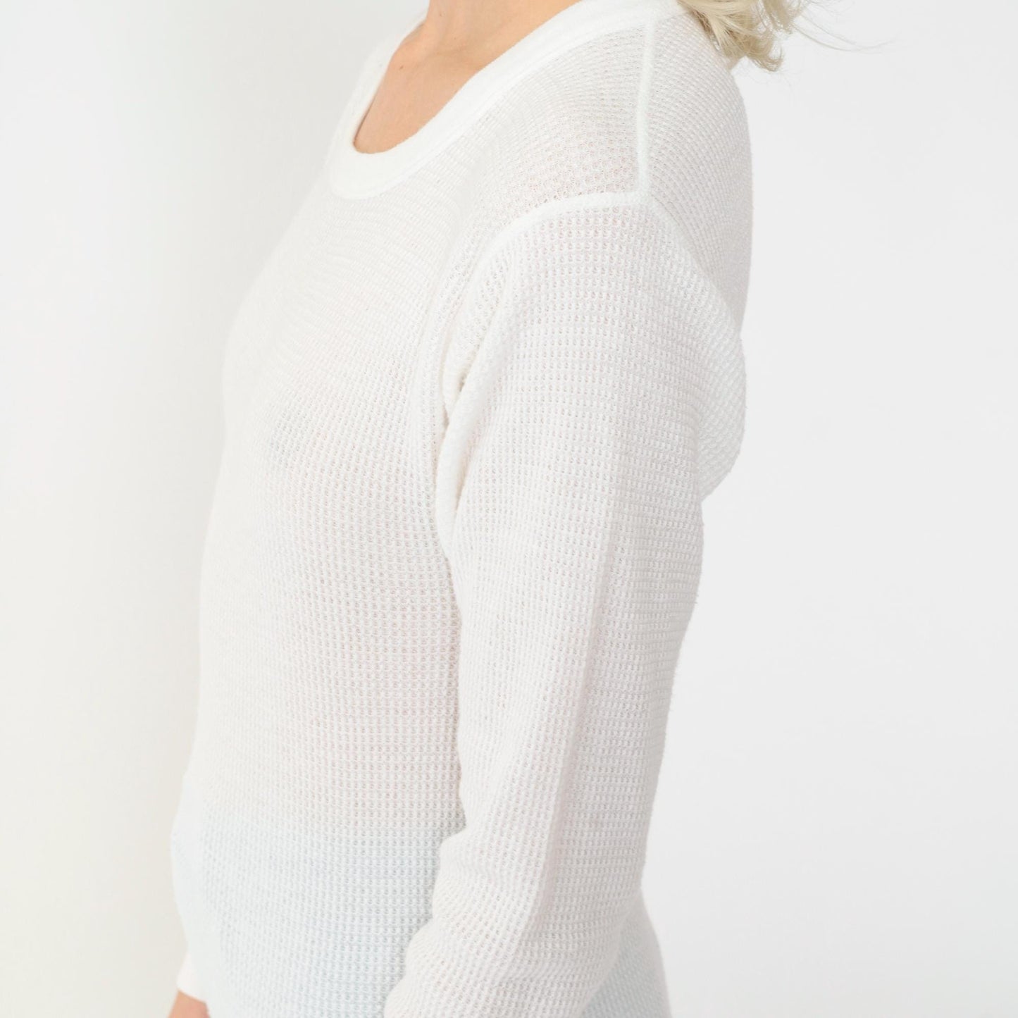 80s White Thermal Waffle Knit Long Sleeve Undershirt Small