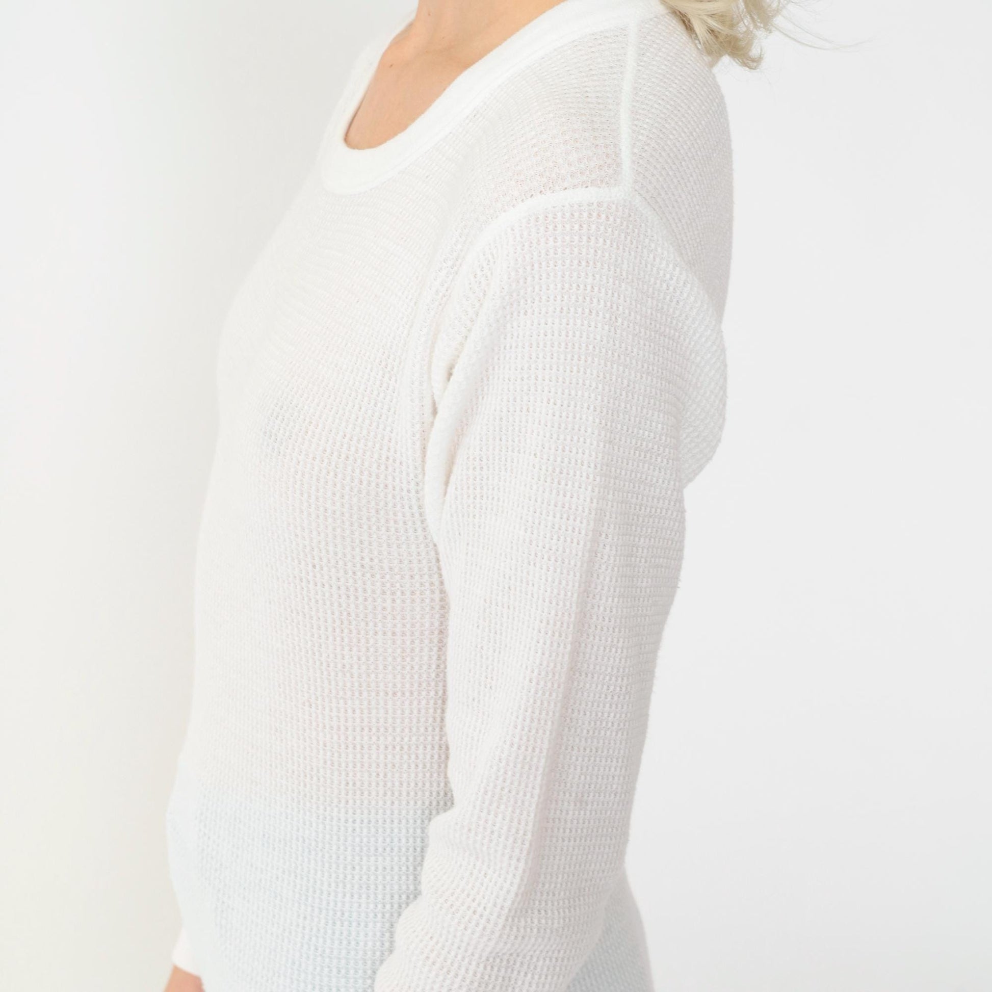 80s White Thermal Waffle Knit Long Sleeve Undershirt Small