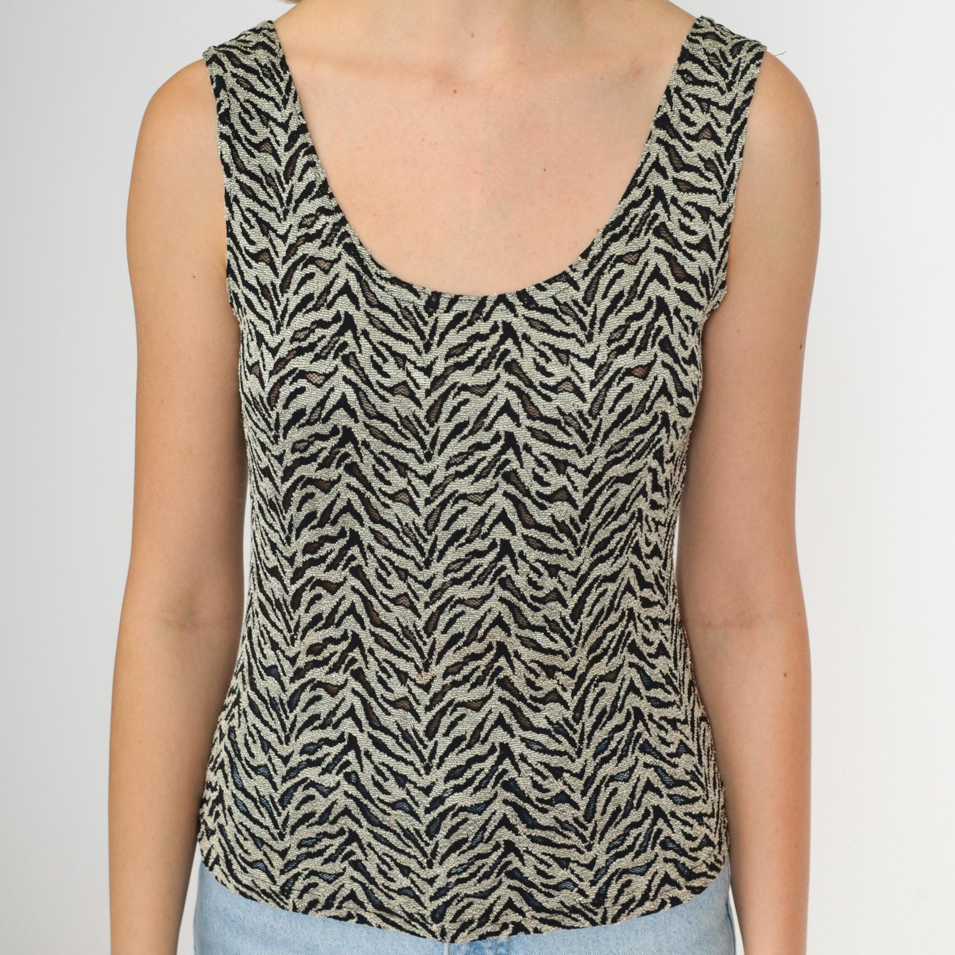 90s Zebra Stripe Tank Top Grey Sheer Mesh Scoop Neck Small Medium