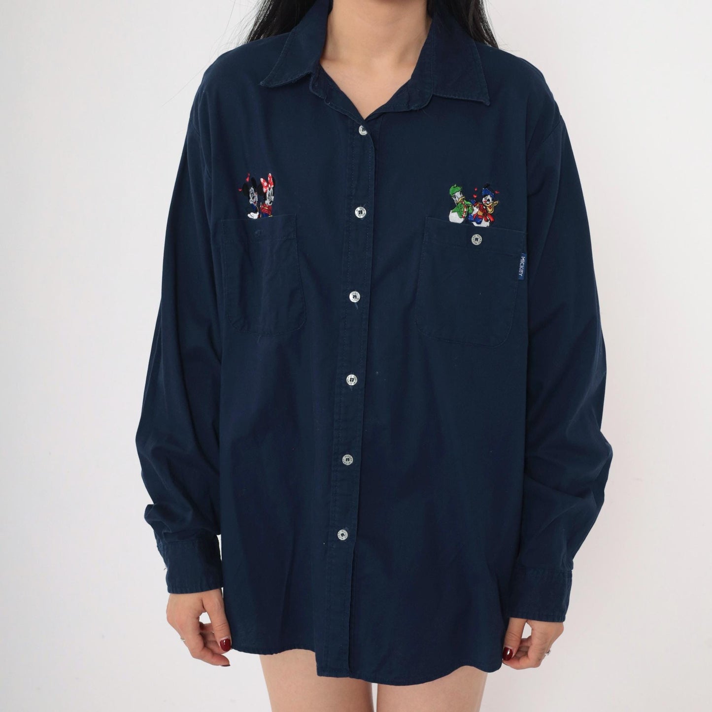90s Mickey Unlimited Disney Embroidered Button Up Shirt Navy Large