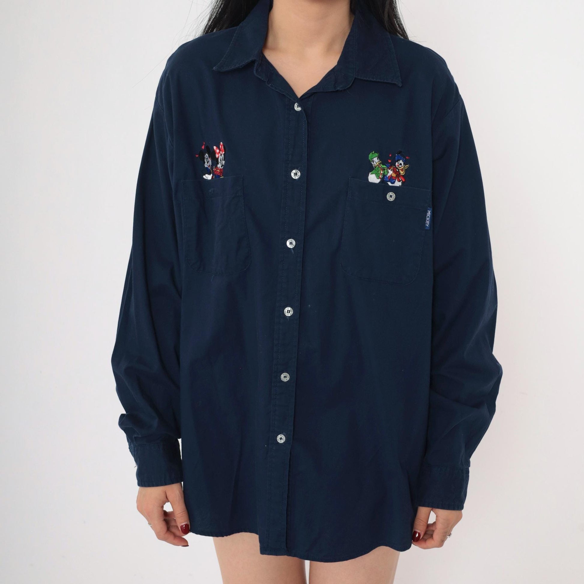 90s Mickey Unlimited Disney Embroidered Button Up Shirt Navy Large