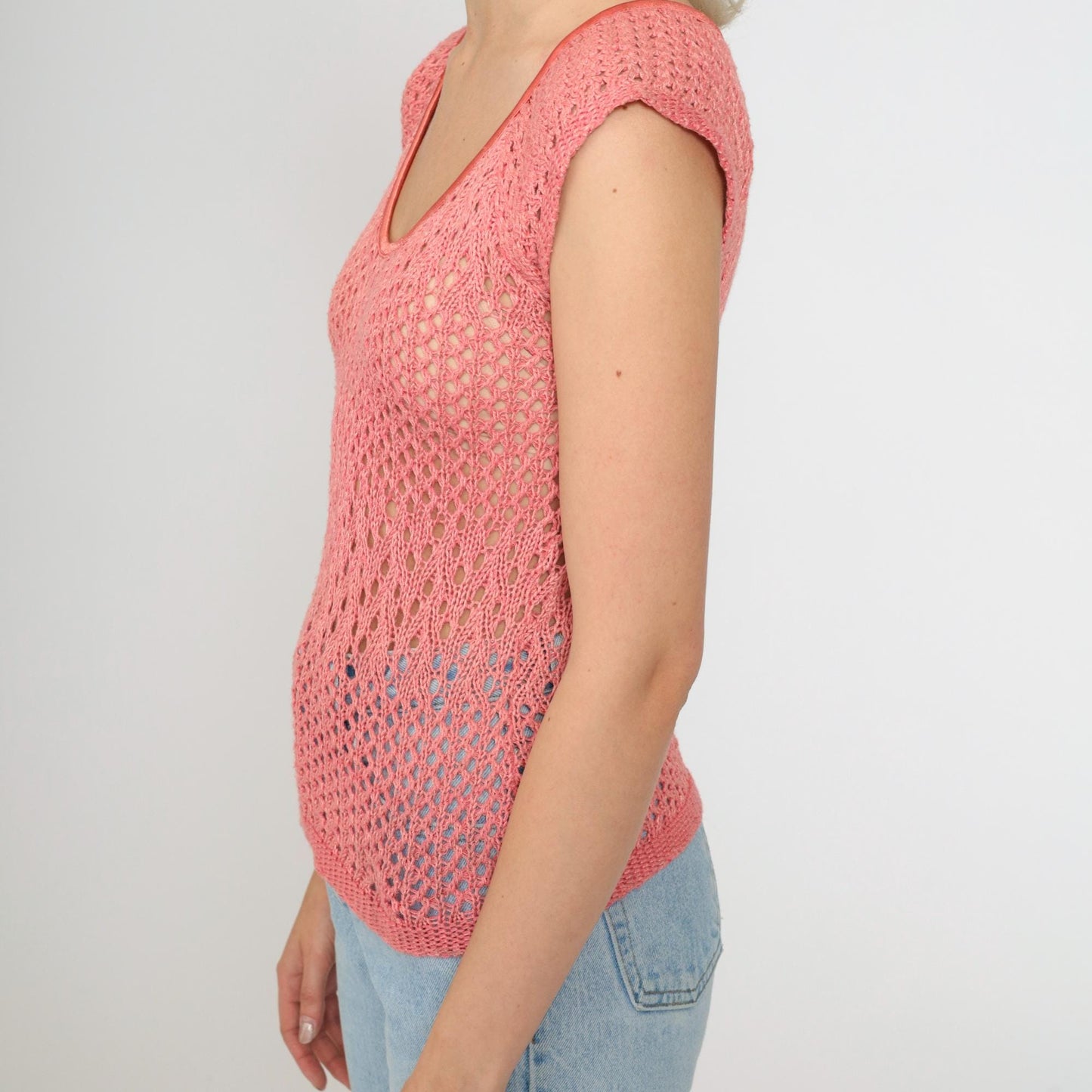 90s Pink Crochet Short Sleeve Top Sheer Knit Blouse Small