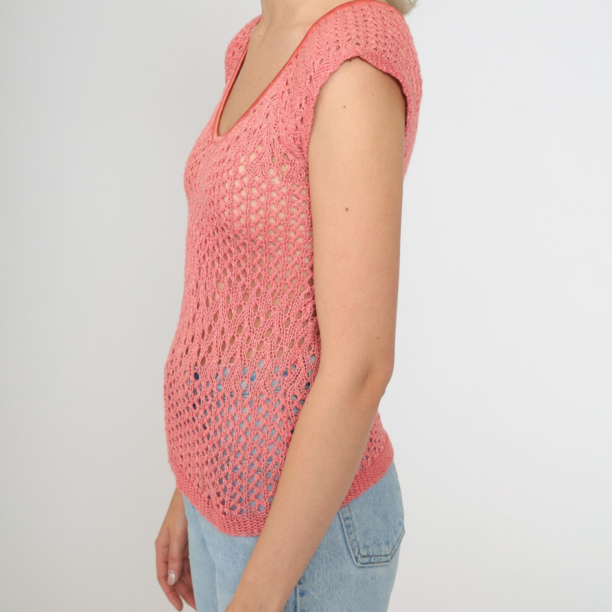 90s Pink Crochet Short Sleeve Top Sheer Knit Blouse Small