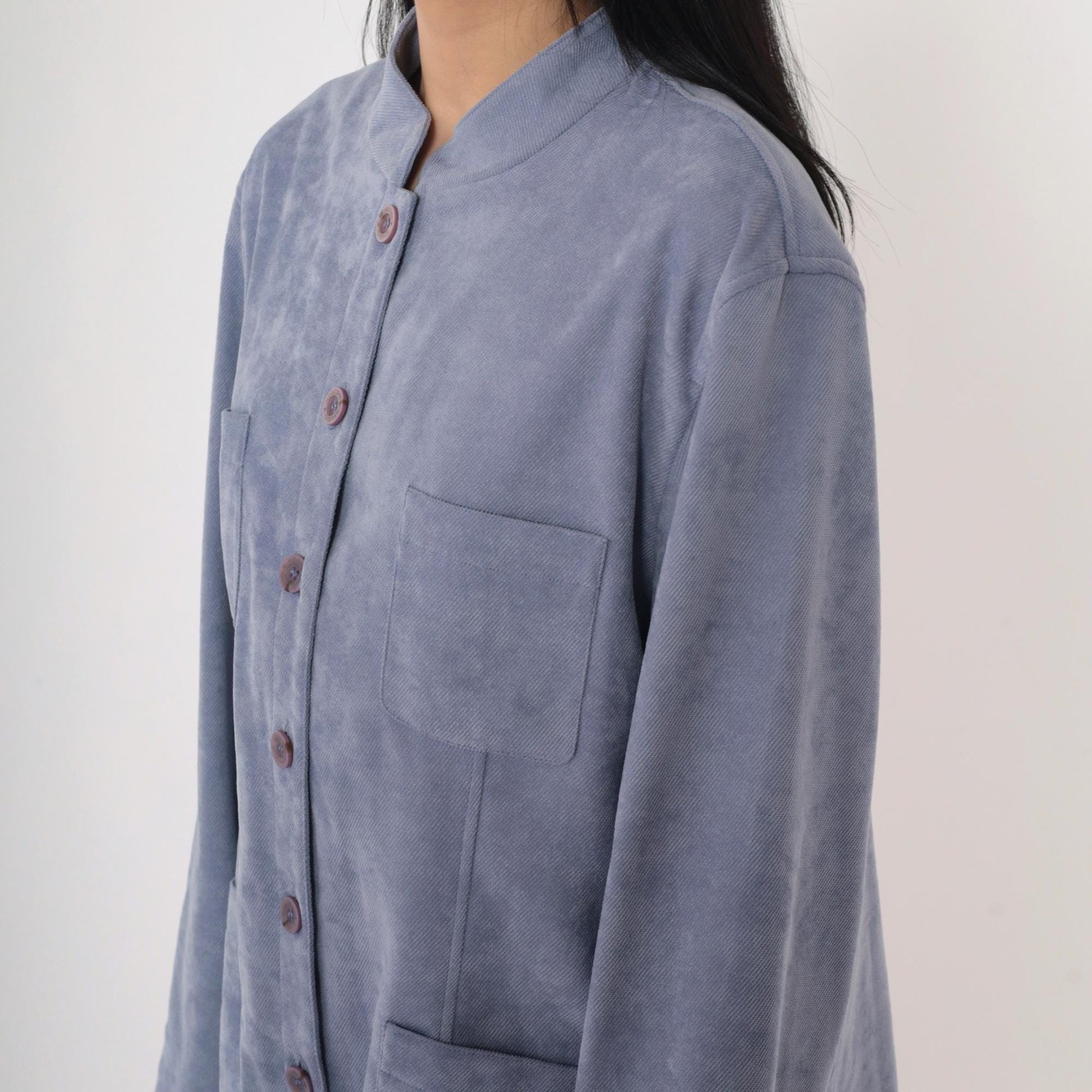 90s Blue Mottled Ribbed Jacket Stand Collar Button-Up Shacket Extra Large