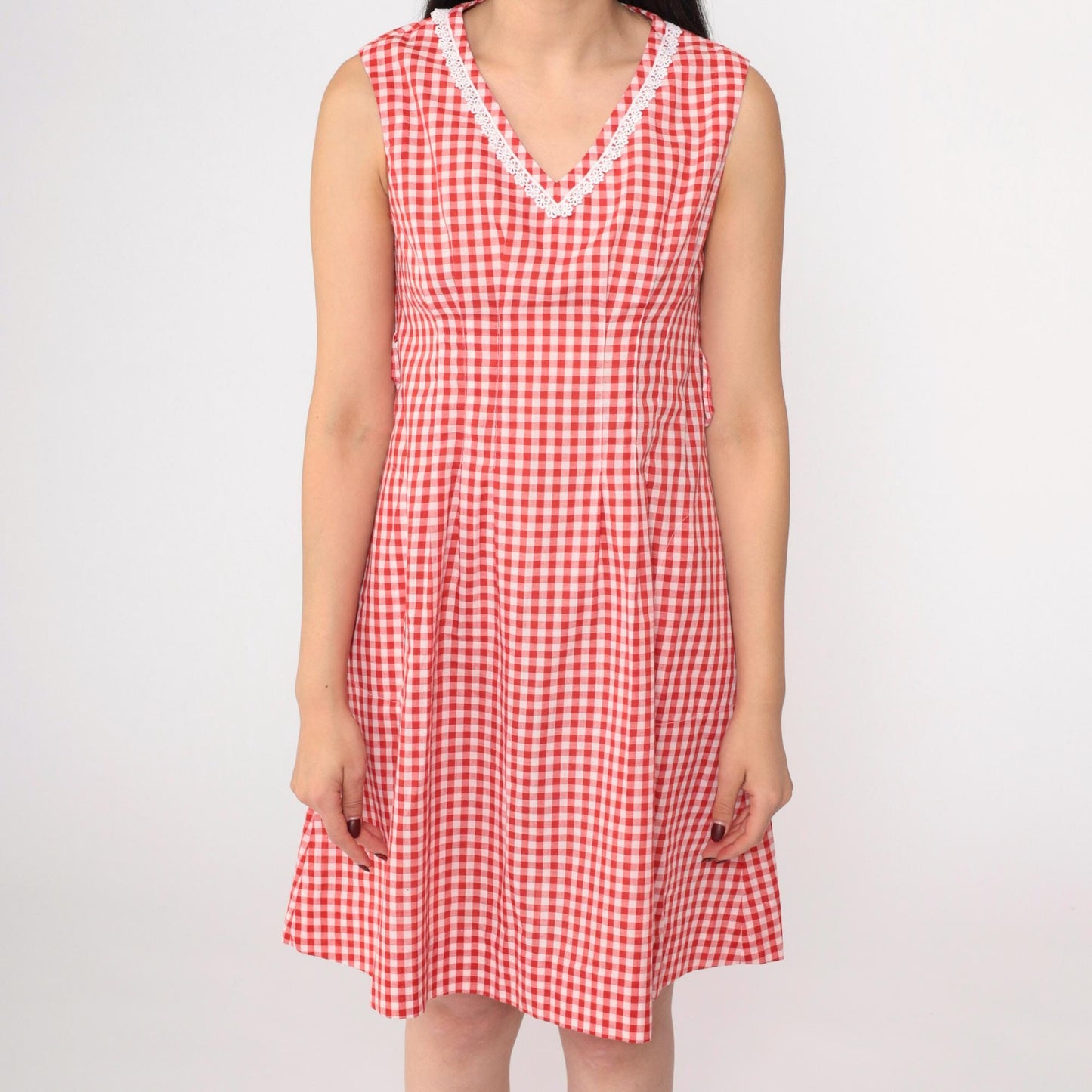 70s Red Gingham Mini Dress White Lace Trim V-Neck A-Line Small