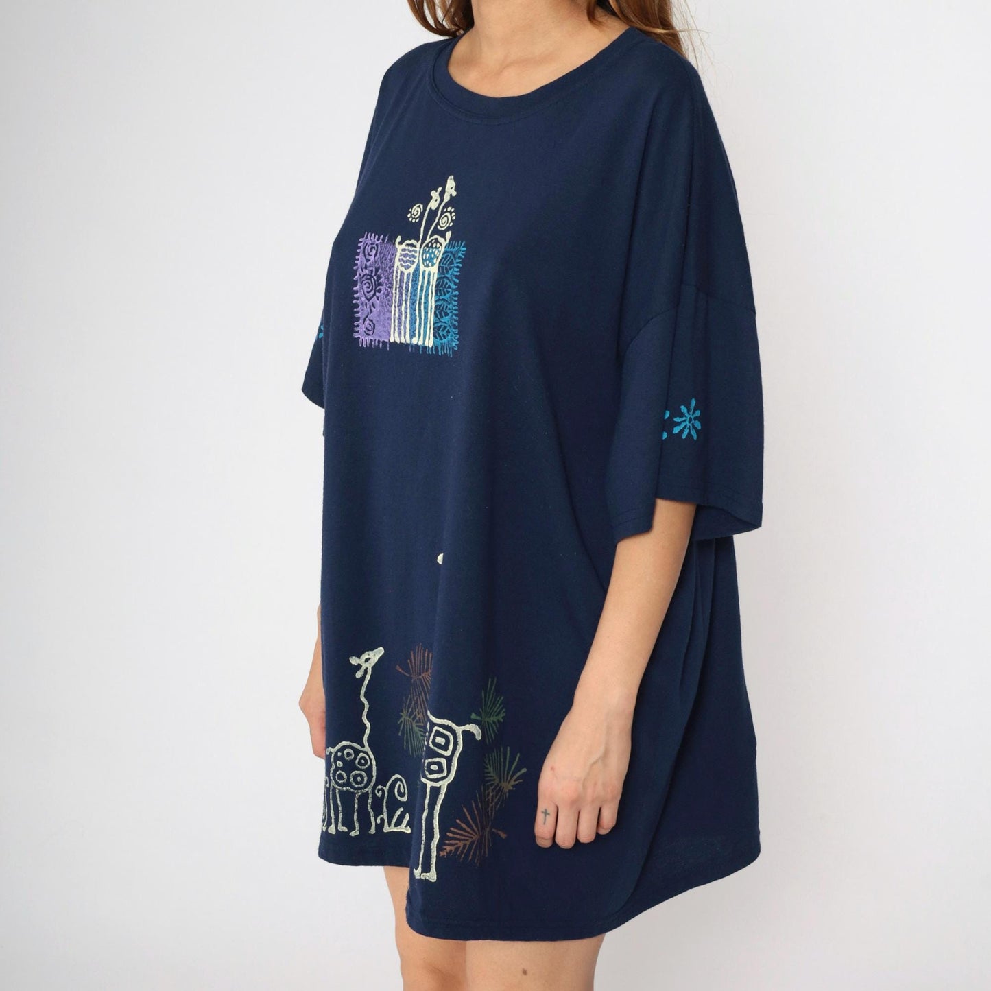 90s Giraffe Print T-Shirt Dress Navy Blue Graphic Mini Plus Size XXL