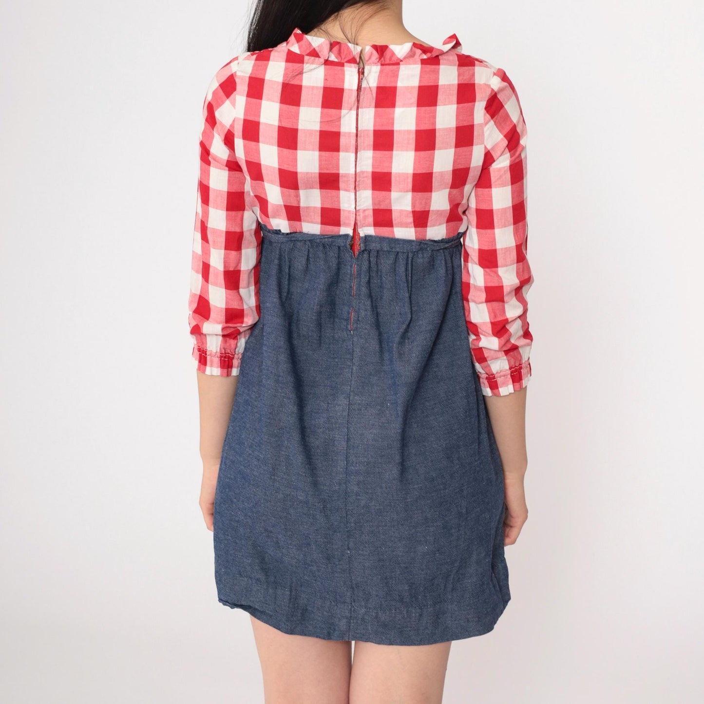 70s Babydoll Mini Dress Red Buffalo Plaid Empire Waist Ruffled Neckline XS
