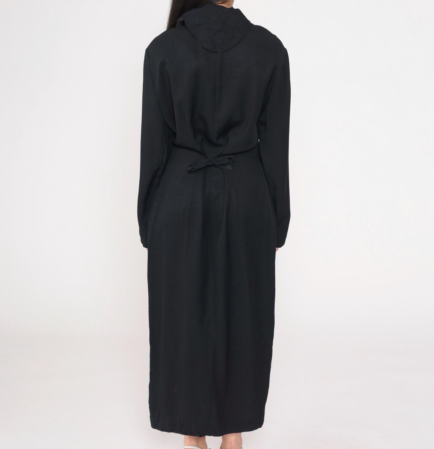 90s Black Velvet Collar Maxi Shirtdress Button Front Slit Large L