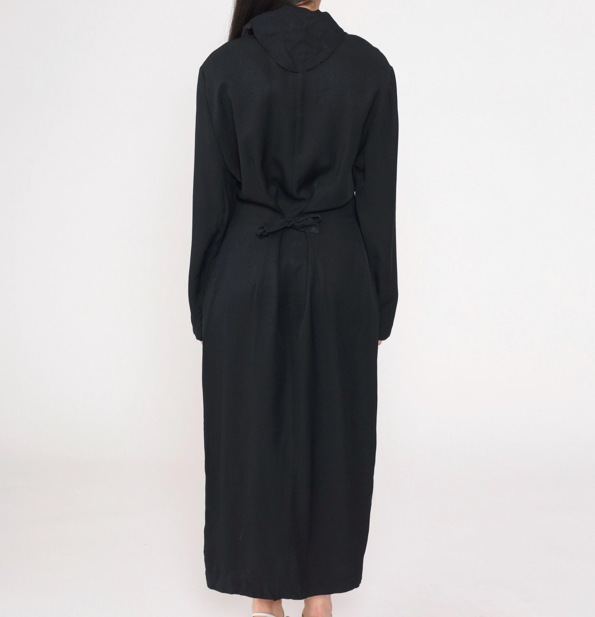 90s Black Velvet Collar Maxi Shirtdress Button Front Slit Large L