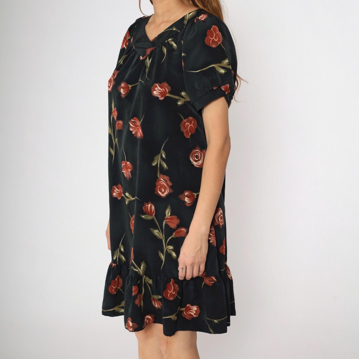 90s Black Floral Mini Dress Puff Sleeve A-Line Red Rose Print Medium