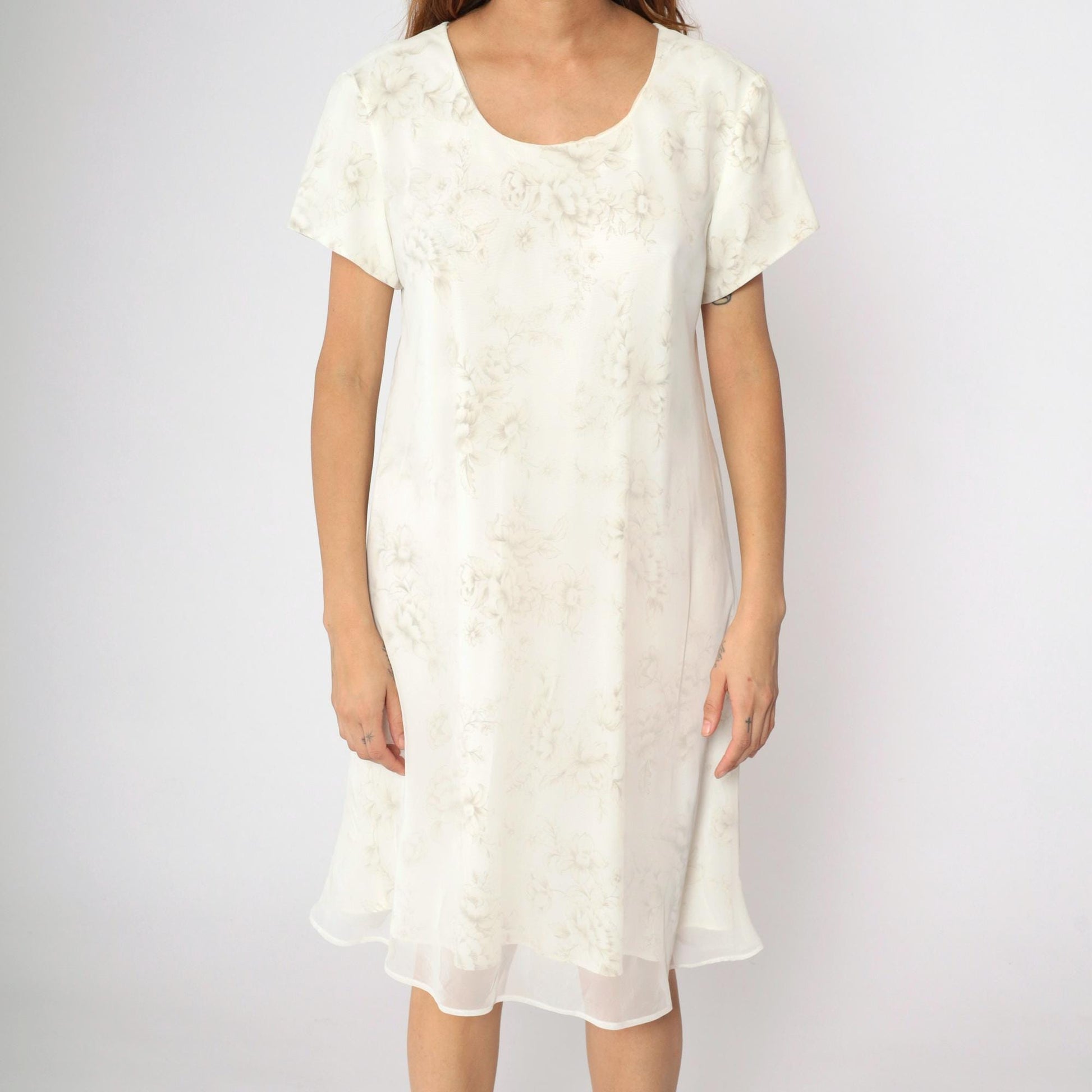 90s Jessica Howard Floral Mini Dress Cream Chiffon Shift Short Sleeve Large