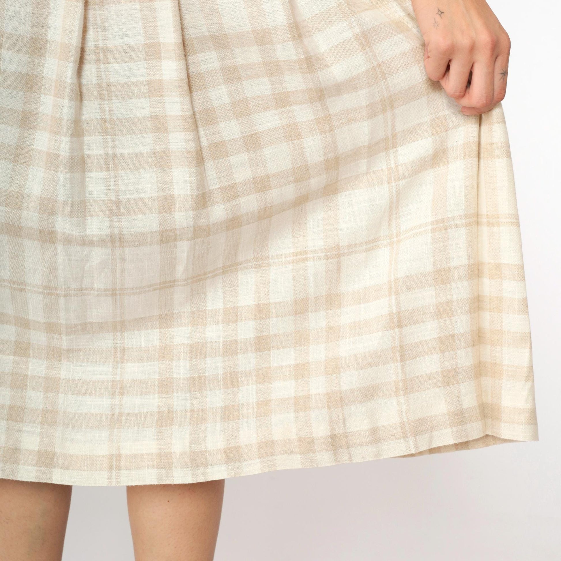 90s Tan Cream Plaid Pleated Midi Skirt High Waist Small