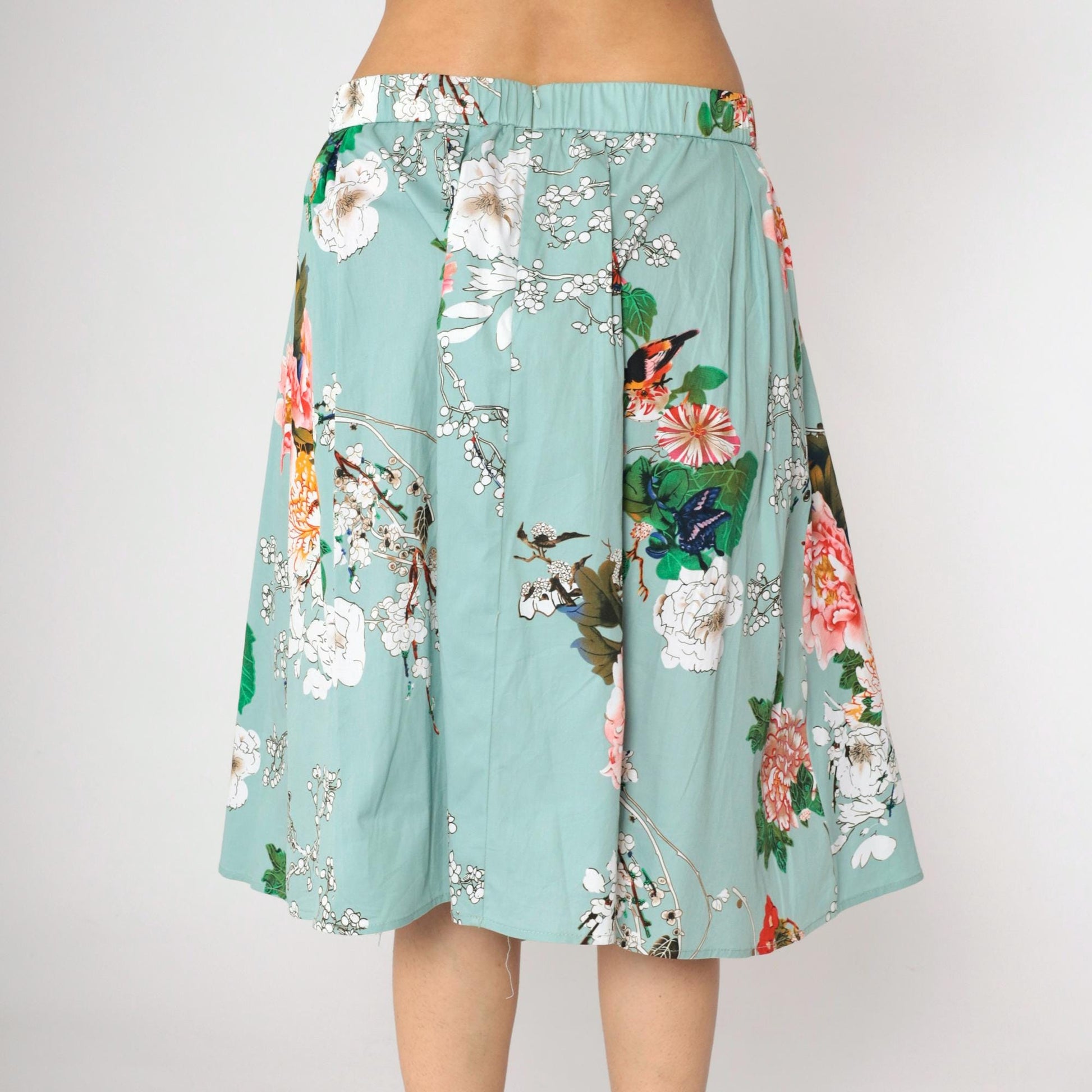 90s Floral Butterfly Midi Skirt Seafoam High Waist Pleated Plus Size XXL