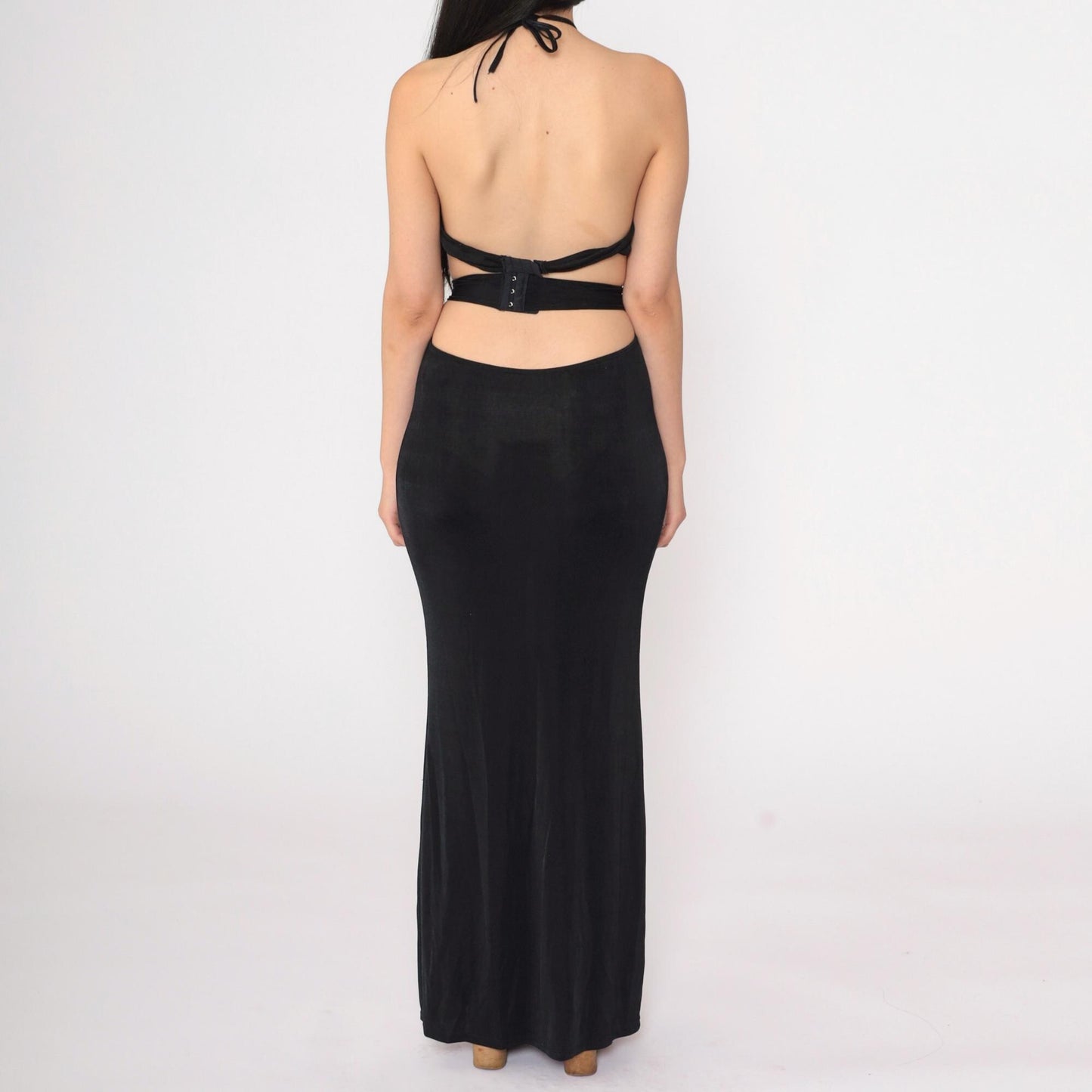 90s Black Halter Maxi Dress Mesh Cutout Open Back Evening Small