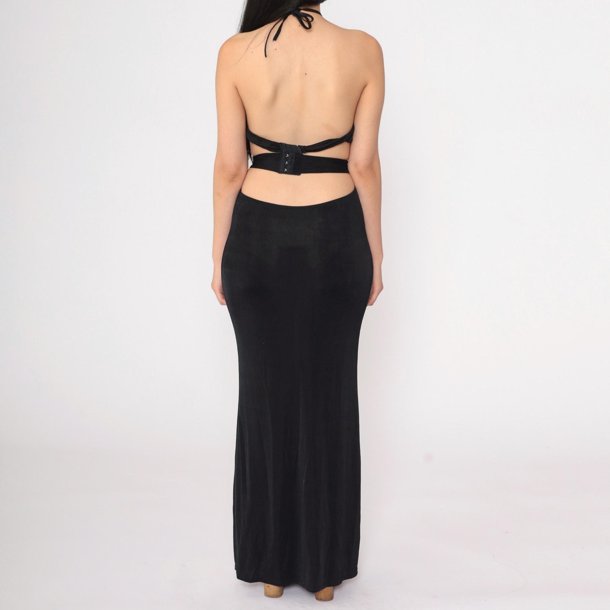 90s Black Halter Maxi Dress Mesh Cutout Open Back Evening Small