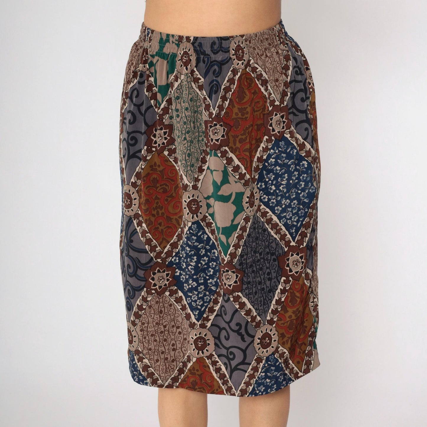 90s Patchwork Floral Midi Skirt High Waist Pencil Cut Red Grey Blue Medium