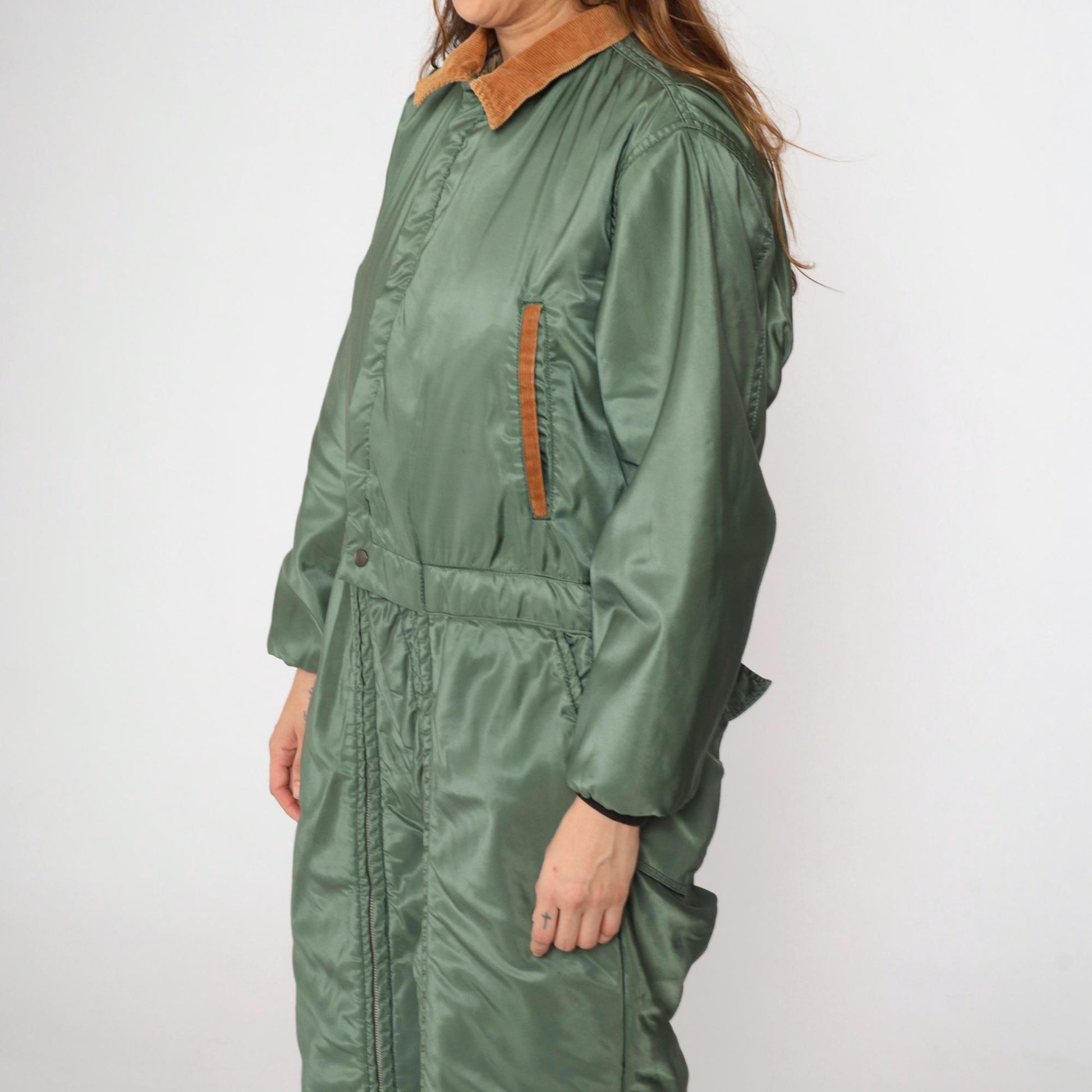 80s Green Nylon Ski Suit Brown Corduroy Collar Quilted Snowsuit Medium