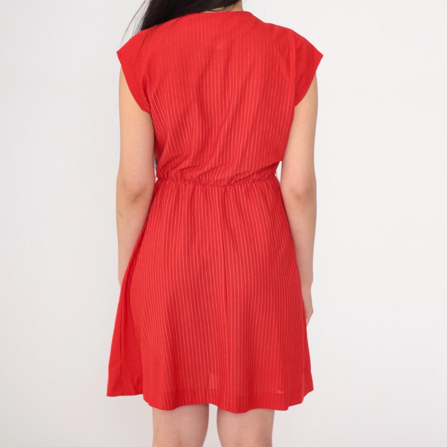 70s Red Striped Wrap Dress V Neck Mini Elastic Waist Cap Sleeve Small